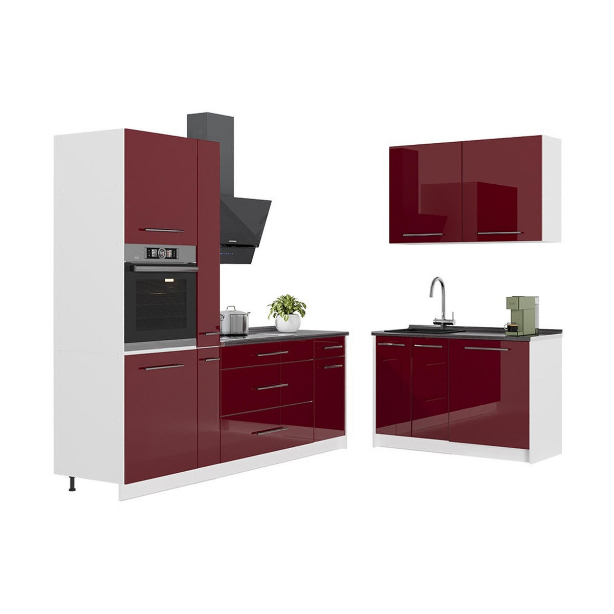 KUHINJA Fame-Line, Bordo visokog sjaja/Bijela, 220 x 120 cm, RP Mramor - bijela/bordo, drvni materijal (220/206.8/60cm) - Vicco