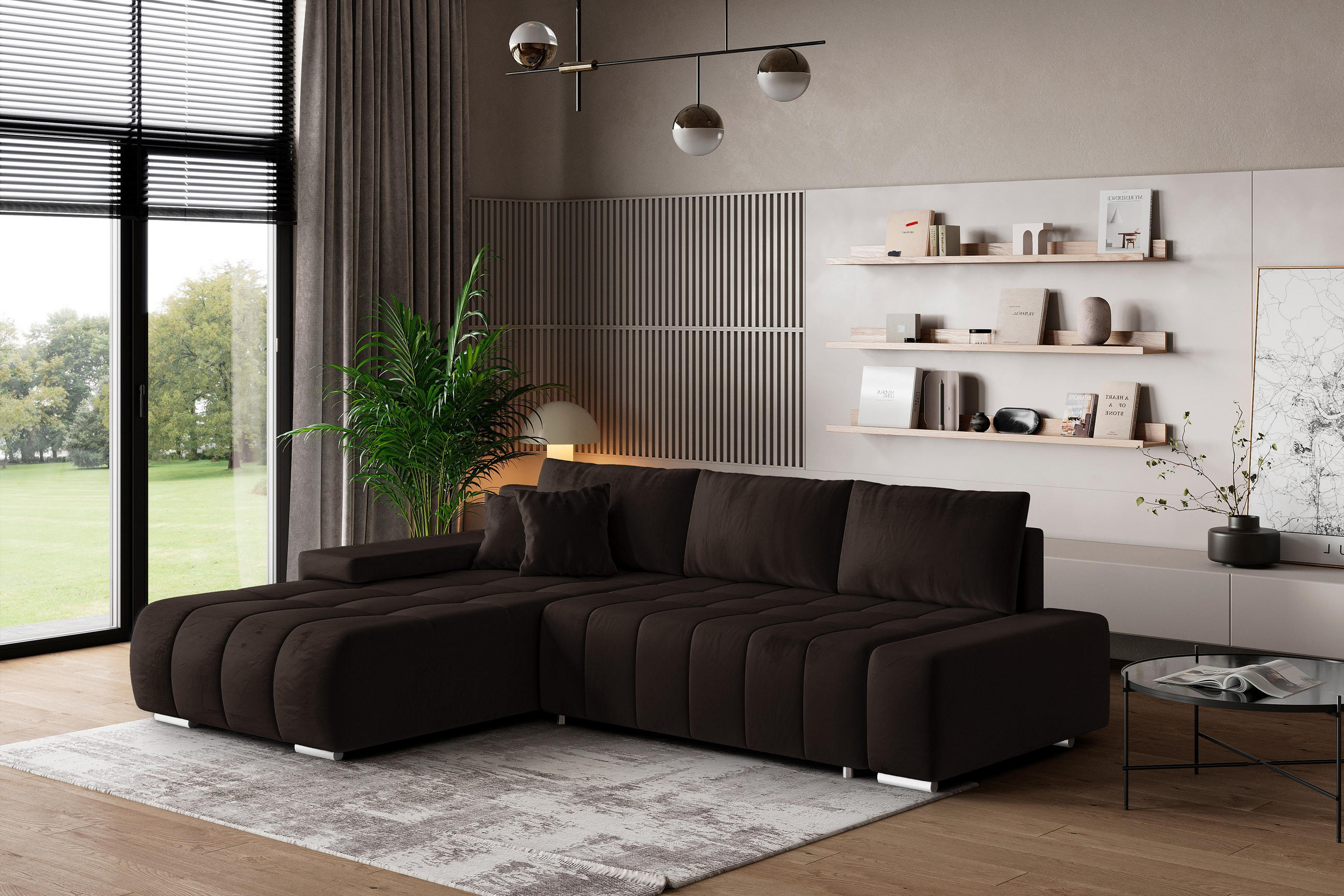 ECKSOFA ALESE L-S Braun Velours-Stoff mit Schlaffunktion - Braun, Holz (265/185cm) - MASSENO