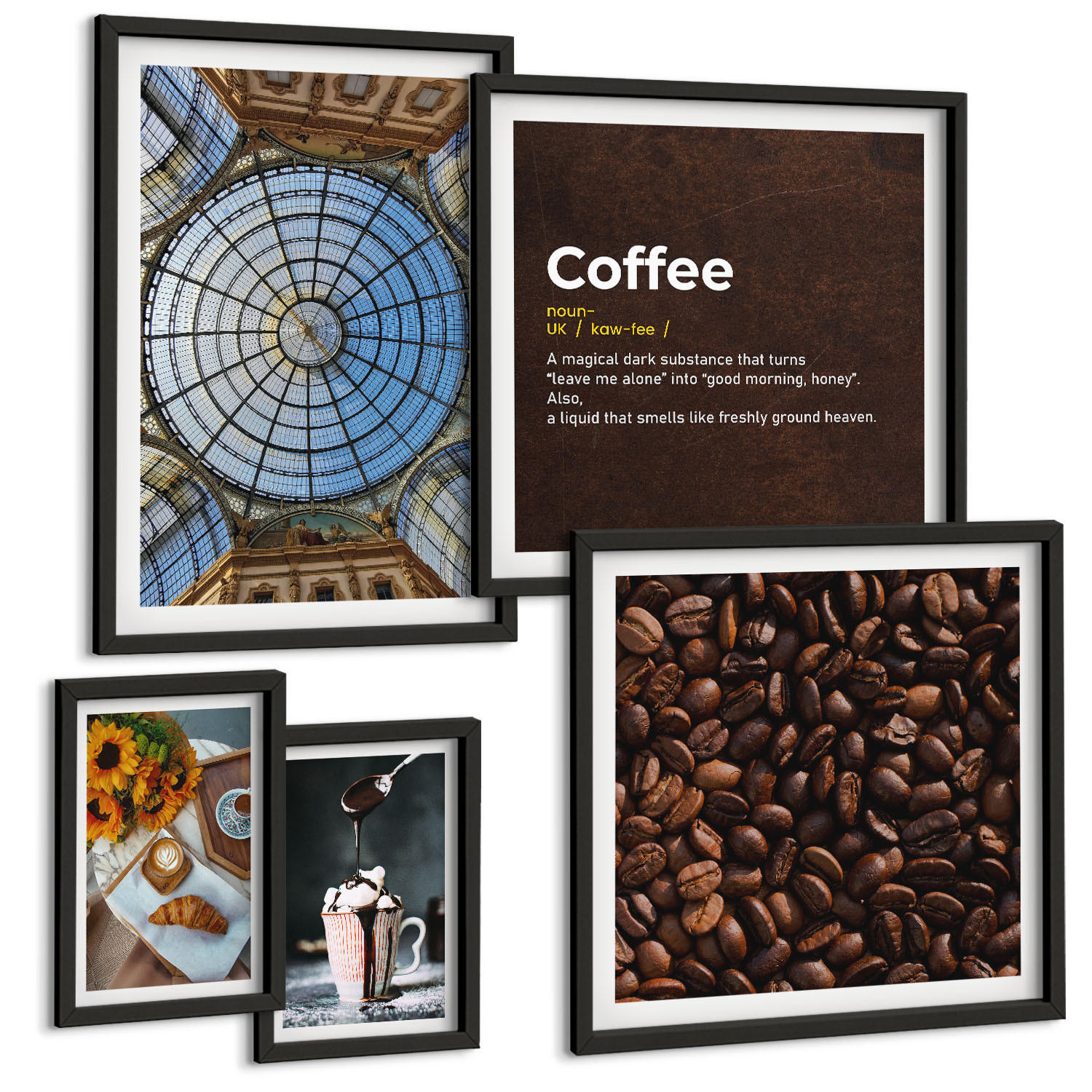 BILDER SET 5er Set - 50x50 cm & 20x30 cm & 40x60 cm Schwarzer Rahmen - Italienische Frühstückskaffeebohnen - Schwarz, Kunststoff (40/60cm) - TULUP