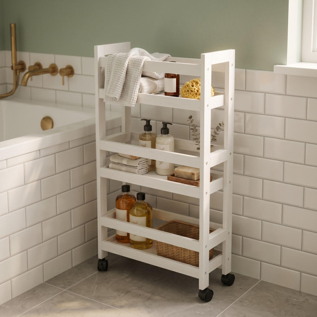 BADEZIMMERREGAL auf Rollen Kluk 38/15/76 cm - Weiß, Naturmaterialien (15/76/38cm) - NUXIO