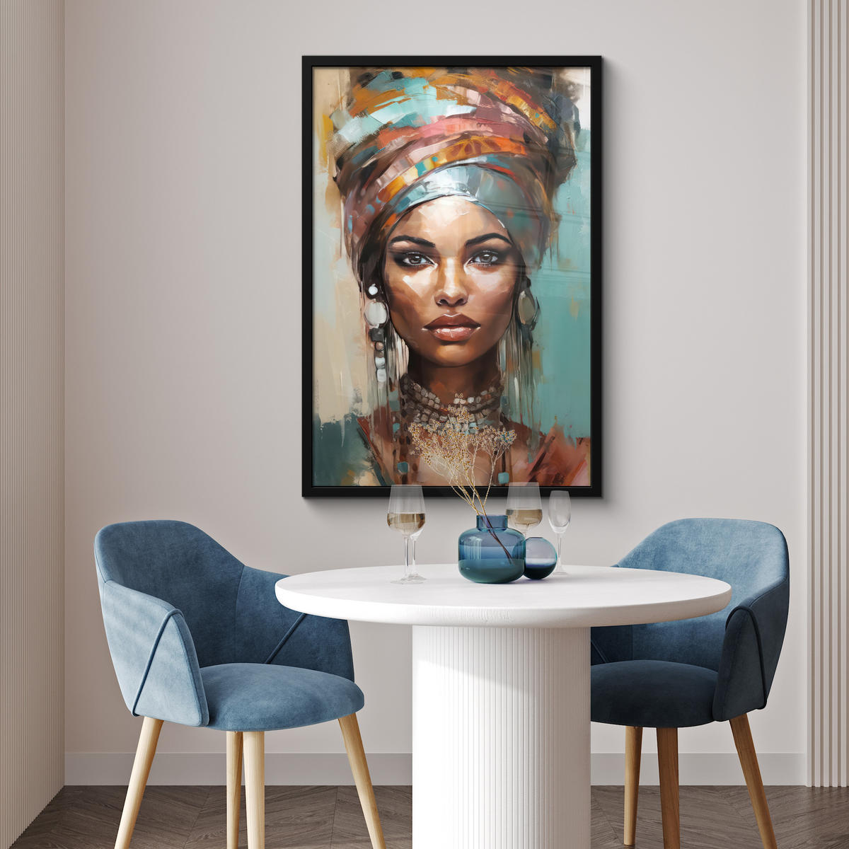 ZARÁMOVANÝ PLAGÁT Žena - Umenie - Šperky - Portrét 60x90 cm - modrosivá, papier (60/90cm) - MuchoWow