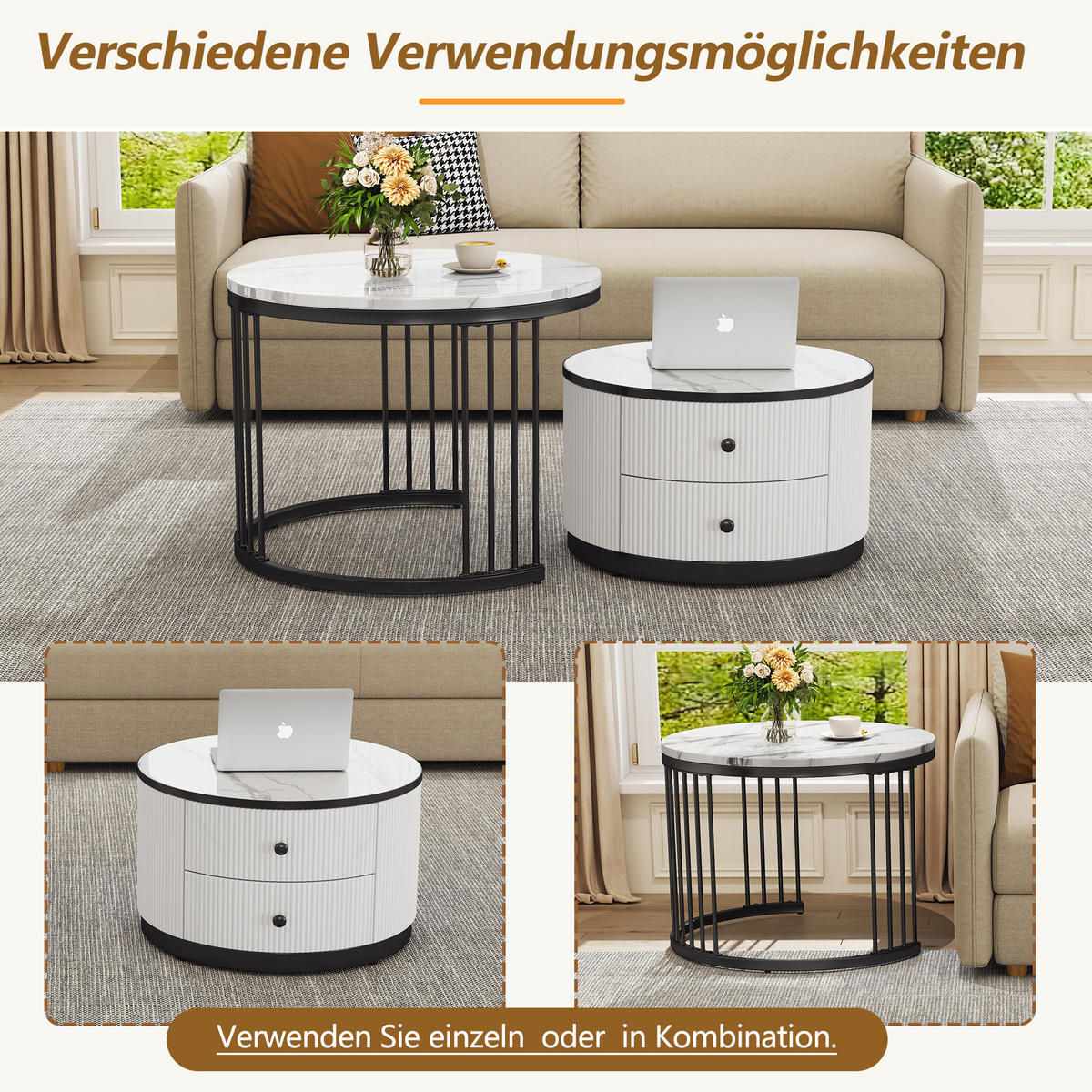 COUCHTISCH-SET 60/60/45,5 & 50/50/32 cm weiß/schwarz aus MDF mit 2 Schubladen - Weiß, Holzwerkstoff (60/60/45cm) - OKWISH