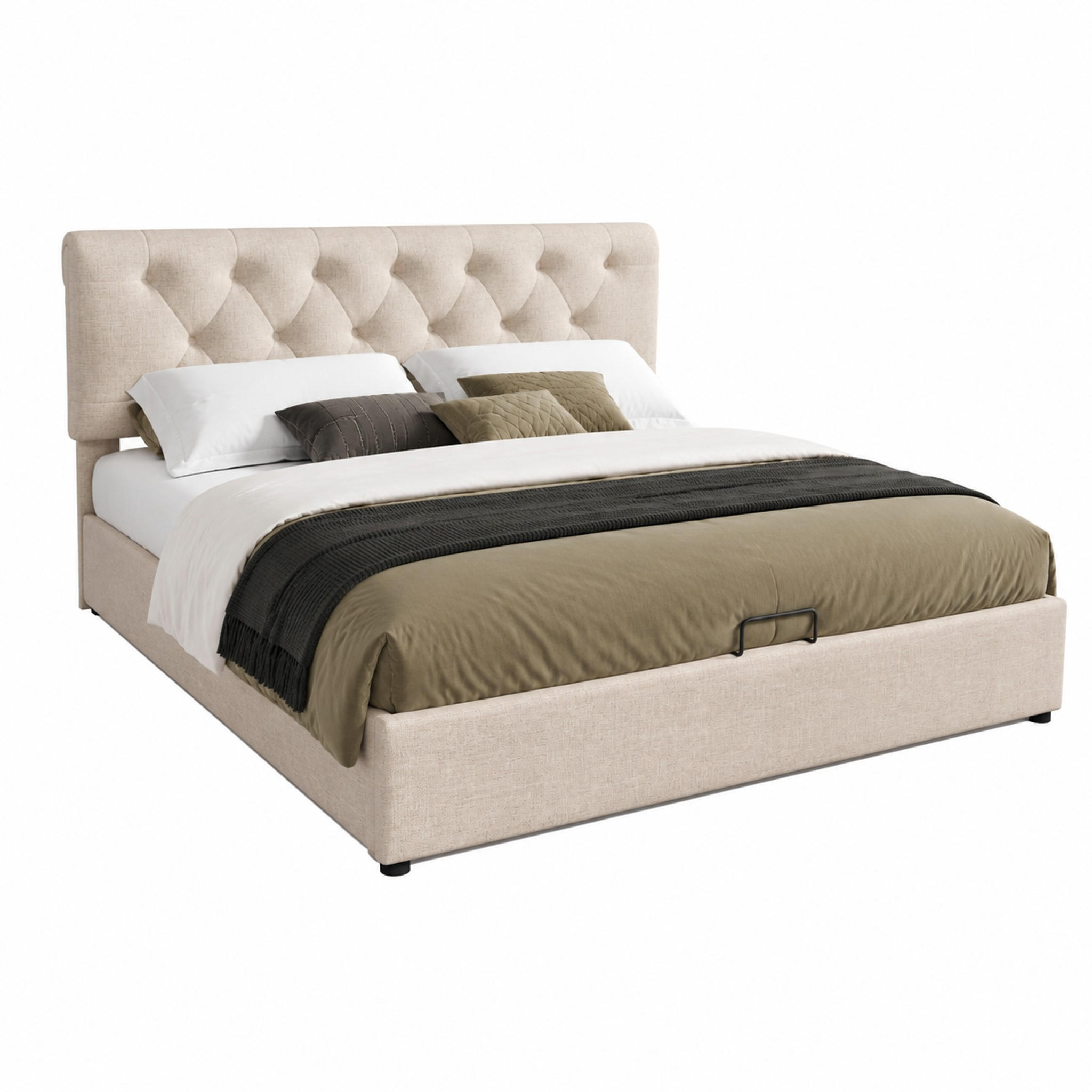 BETT mit Bettkasten und verstellbarem Kopfteil 140x200 cm Leinen Natur - Beige, Metall (140/200cm) - Meubliv