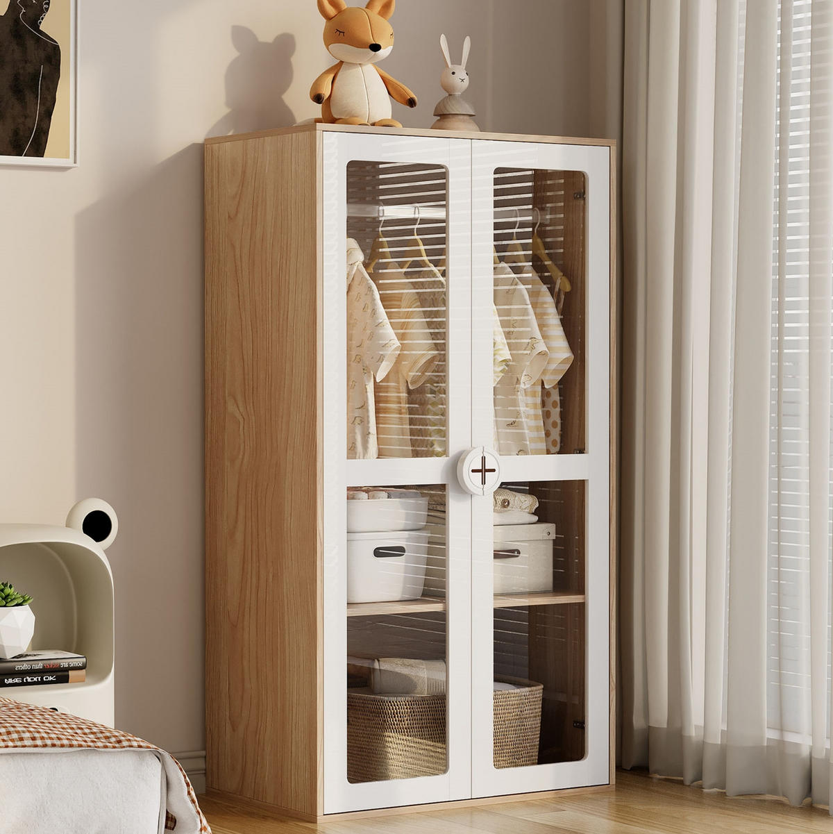 KINDERKLEIDERSCHRANK aus MDF 80x50x150 cm Natur/Weiß mit Acryltüren, Kleiderstange und höhenverstellbaren Regalen - Weiß, Holzwerkstoff (80/150/50cm) - Modfu