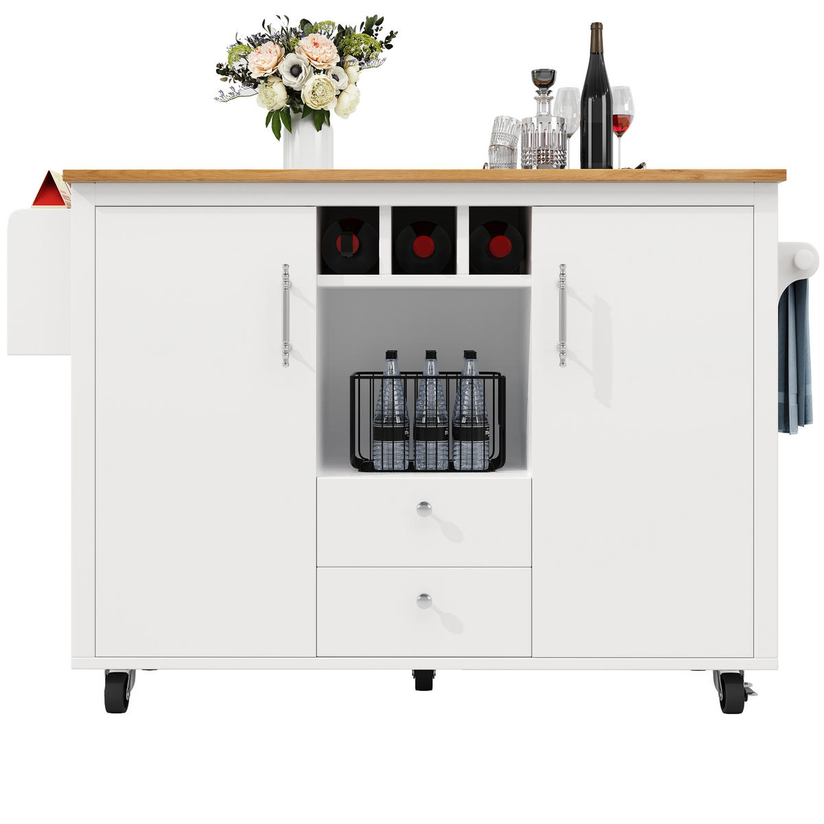 KÜCHENINSEL 137,9/73/92,2 cm weiß mit klappbarer Arbeitsplatte auf Rollen - Weiß, Holzwerkstoff (137.9/92/73cm) - OKWISH