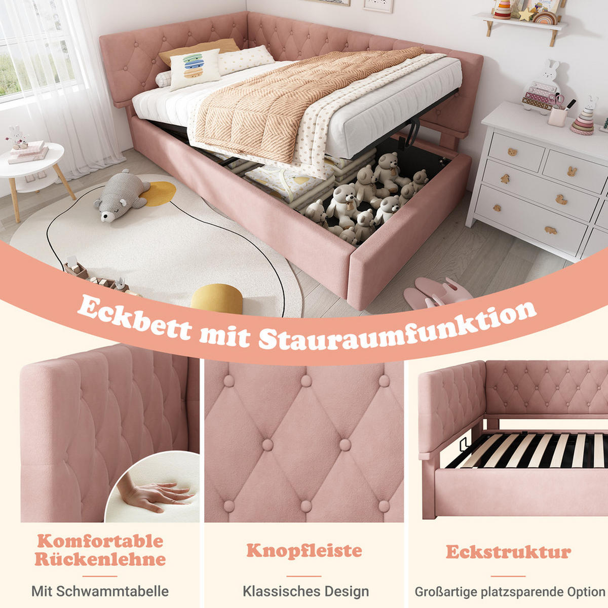 TAGESBETT 90x200cm Schlafsofa mit hydraulischem Stauraum Samt Rosa - Pink, Holz (90/200cm) - FLIEKS