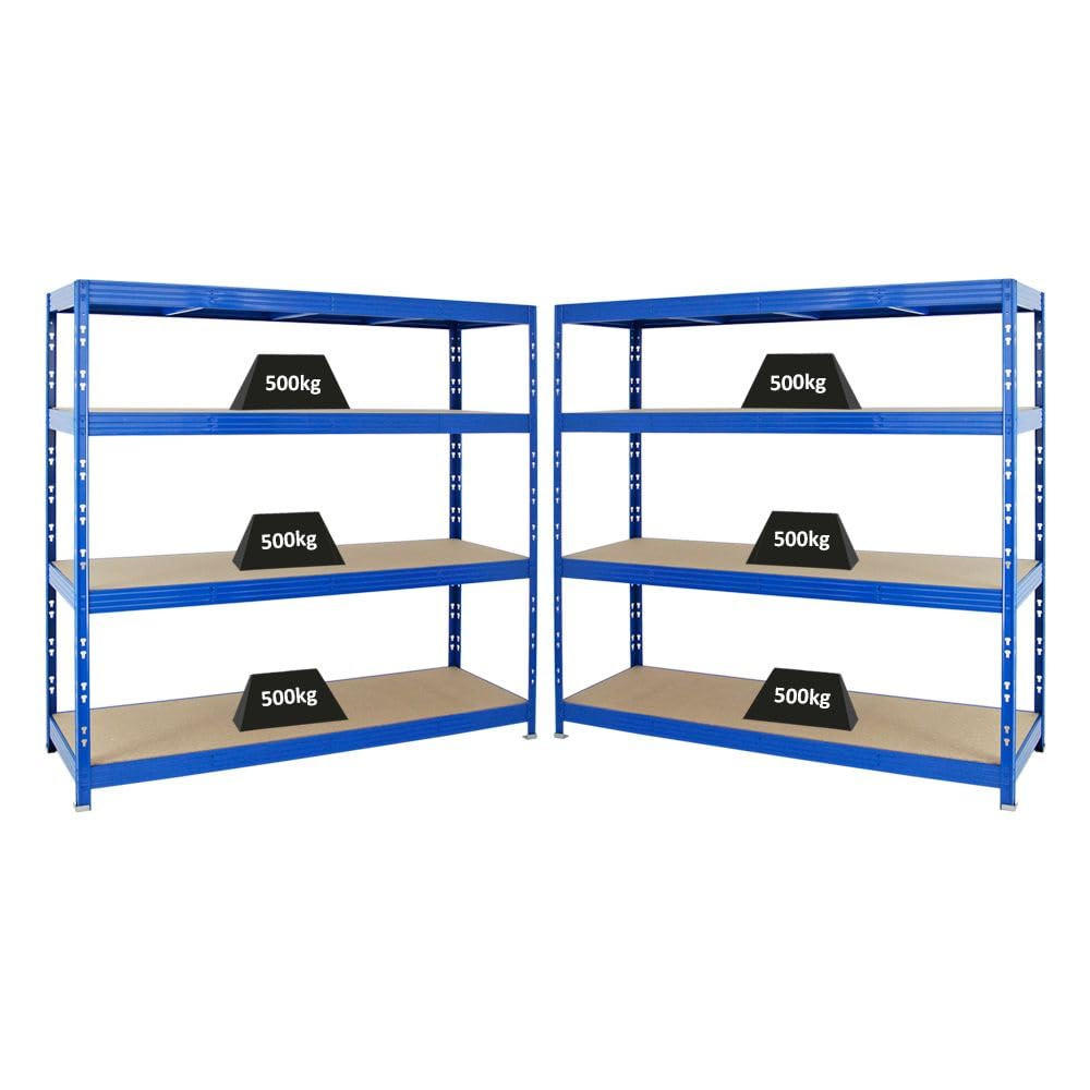 SCHWERLASTREGAL Rhino 2er-Set mit 2x 180x200x60 cm 4 Spanplatten-Ebenen 16mm Fachlast 500 kg Blau - Blau, Metall (400/180/60cm) - PROREGAL