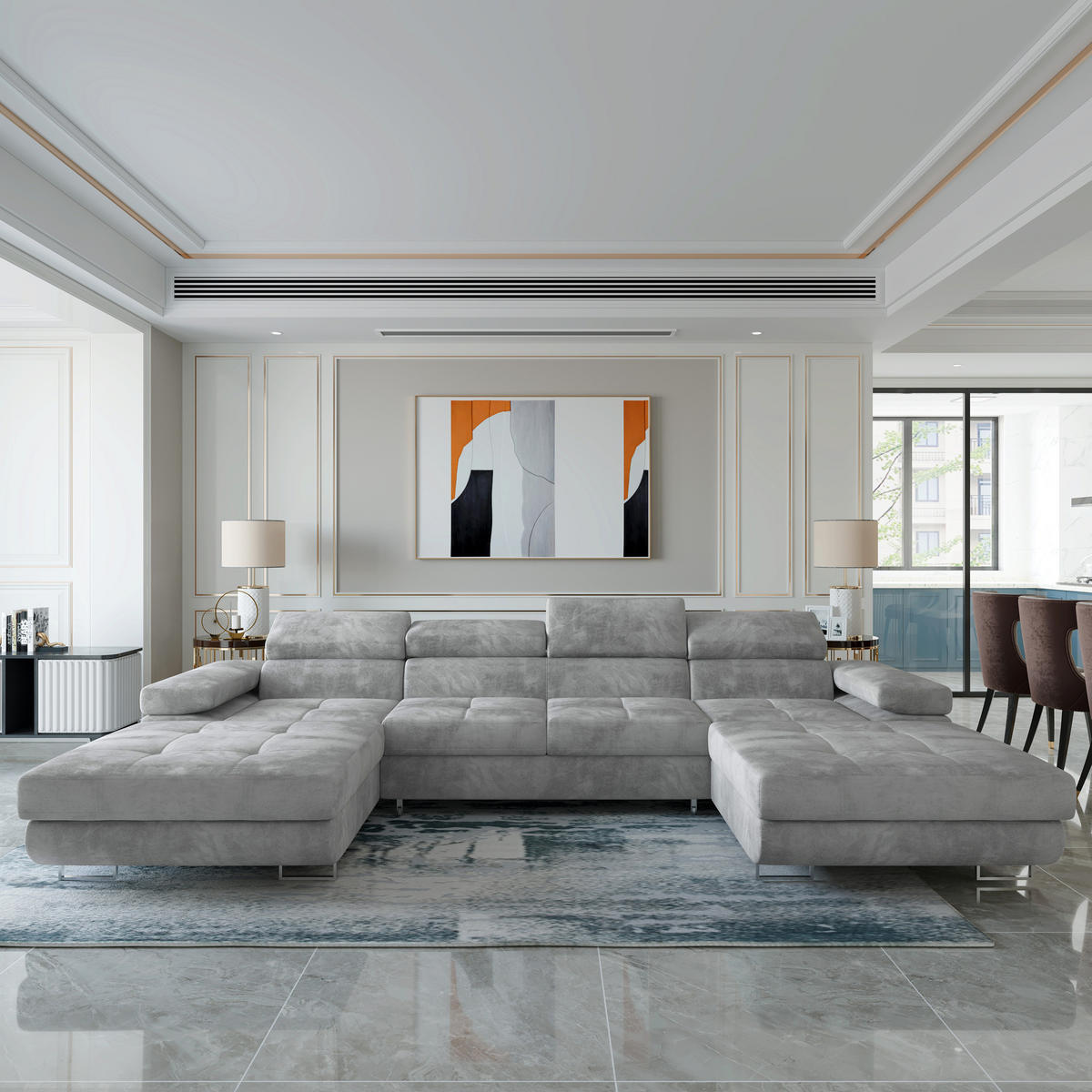 ROHOVÁ SEDAČKA LYKKE světle šedá - stříbrná/světle šedá, kov/dřevo (353/202cm) - MASSENO