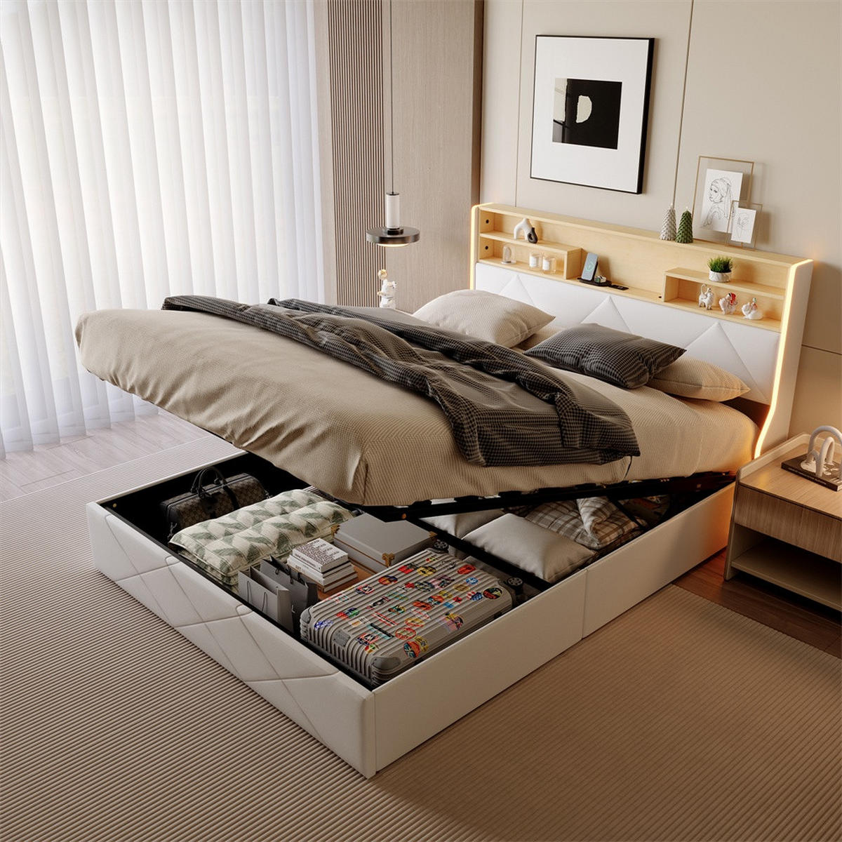 POLSTERBETT 140x200 cm mit LED-Beleuchtung - USB-Ladestation und hydraulischem Stauraum - Weiß PU-Leder - Weiß, Textil (140/200cm) - DELFA
