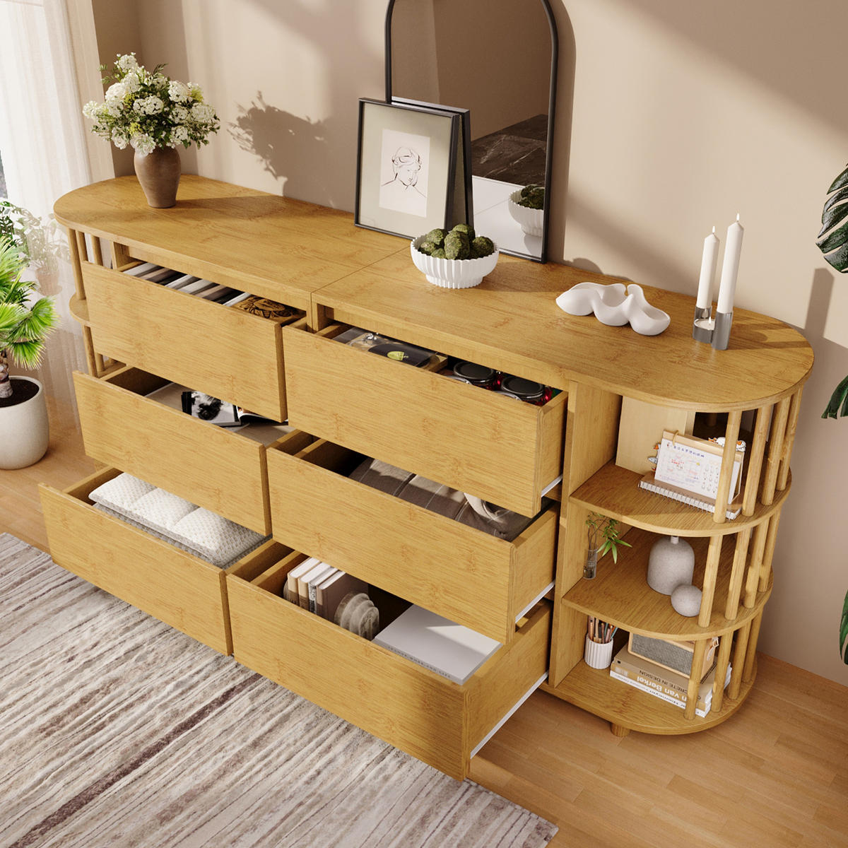KOMMODE in Eichefarben mit Schubladen und Bambus-Regalen für Wohnzimmer, B160/T40/H75 cm - Eichefarben, Holzwerkstoff (160/75/40cm) - STILVORA