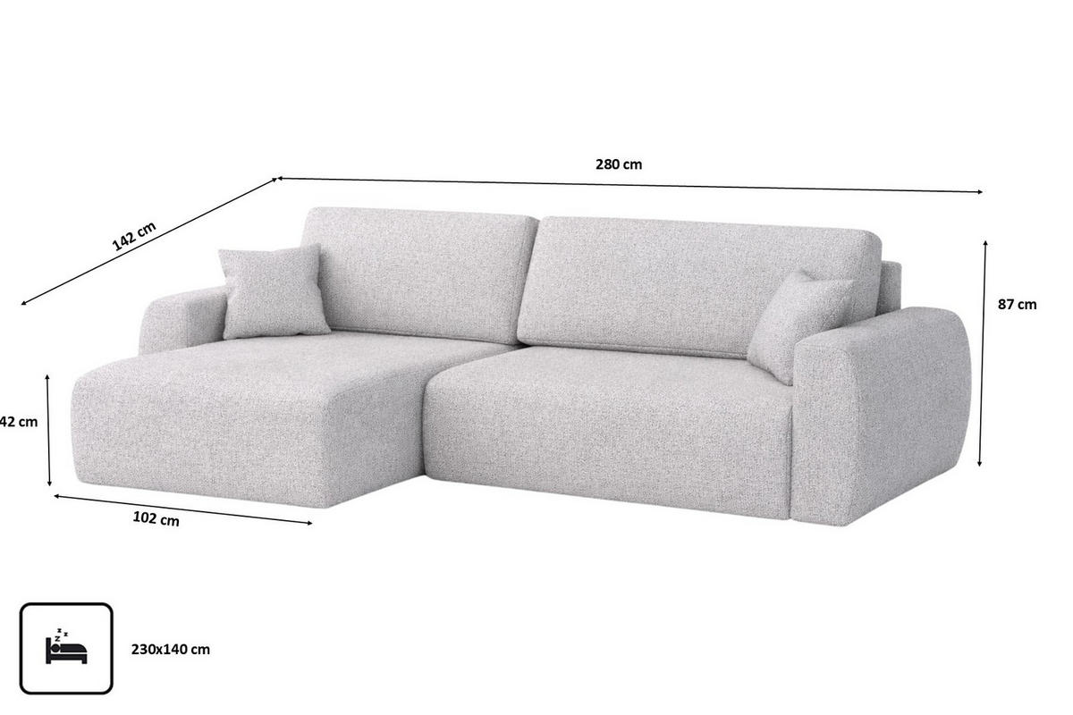 ECKSOFA Mit Schlaffunktion, Ariel XL, Chenille-Stoff, Stoff Artico, Cement, Links - Hellgrau, Holz (280/142cm) - Kaiser Möbel