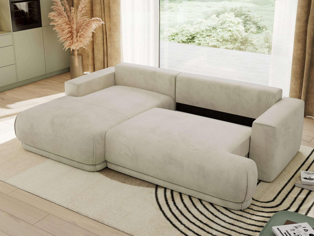 ECKSCHLAFSOFA RINA L Beige Velvet - links - Beige/Schwarz, Kunststoff/Textil (267/170cm) - MKS