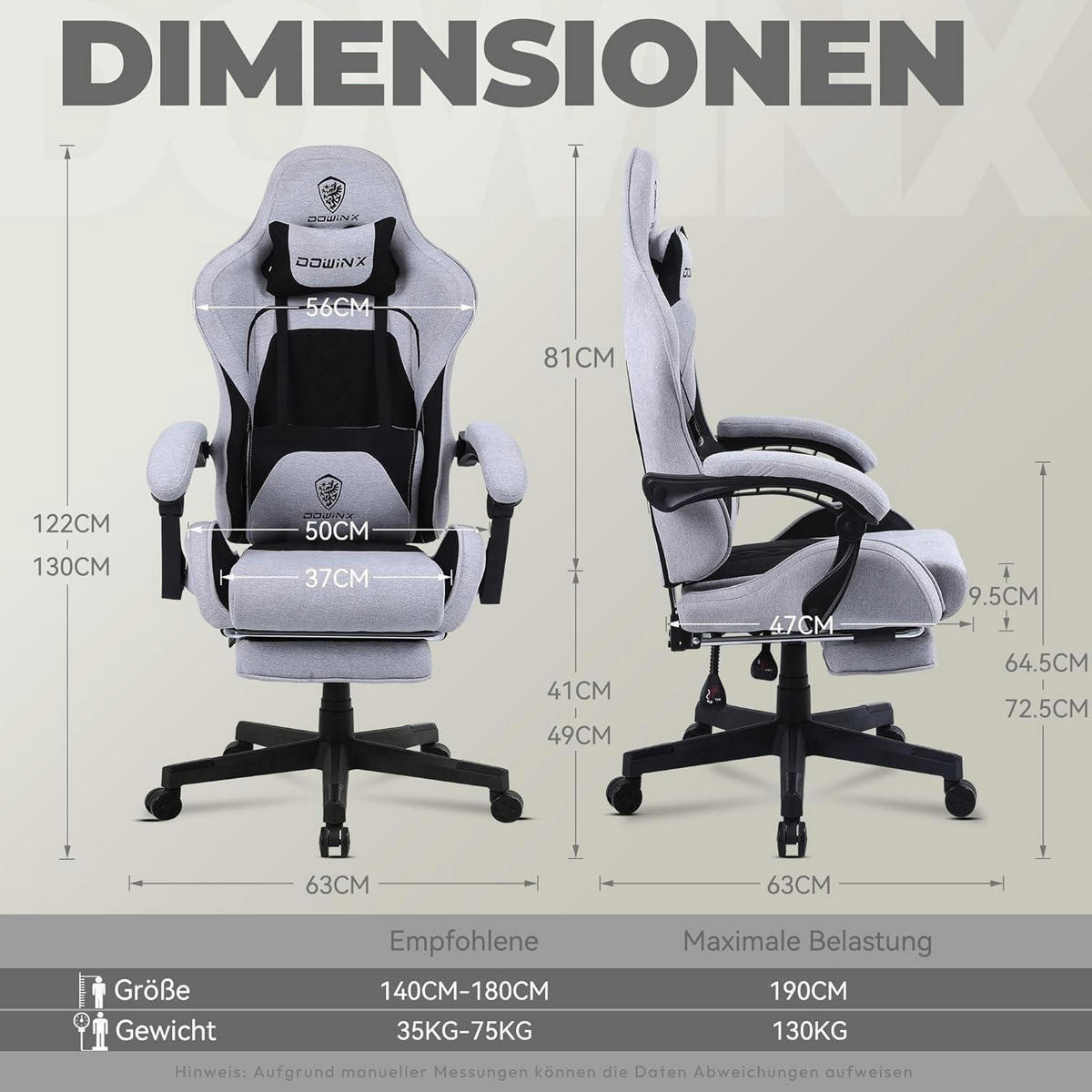 GAMING Stuhl mit Fußstütze Stoff Schwarz Grau Gestreift - Grau, Textil (40/40/40cm)