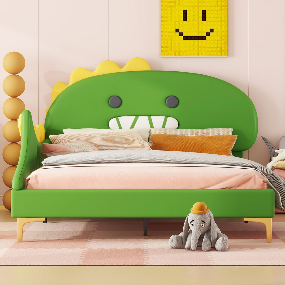 KINDERBETT 140/200 cm aus PU/MDF mit Dino-Kopfteil Grün - Grün, Leder (140/200cm) - Modenvie