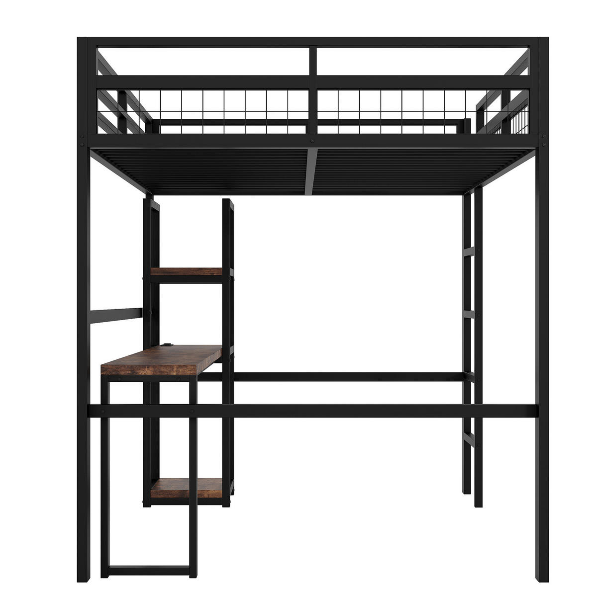 HOCHBETT 140/200 cm aus Metall mit Schreibtisch, Regalen und USB- und Type-C-Anschlüssen - Schwarz, Metall (140/200cm) - Flora Grace