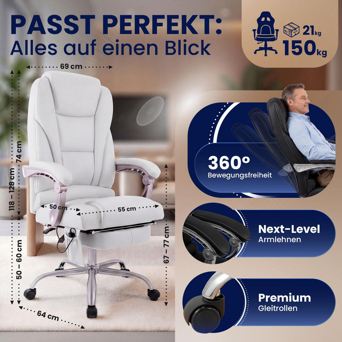 CHEFSESSEL Echtleder Weiß - Chromfarben/Weiß, Leder/Metall (69/118/64cm) - CLP