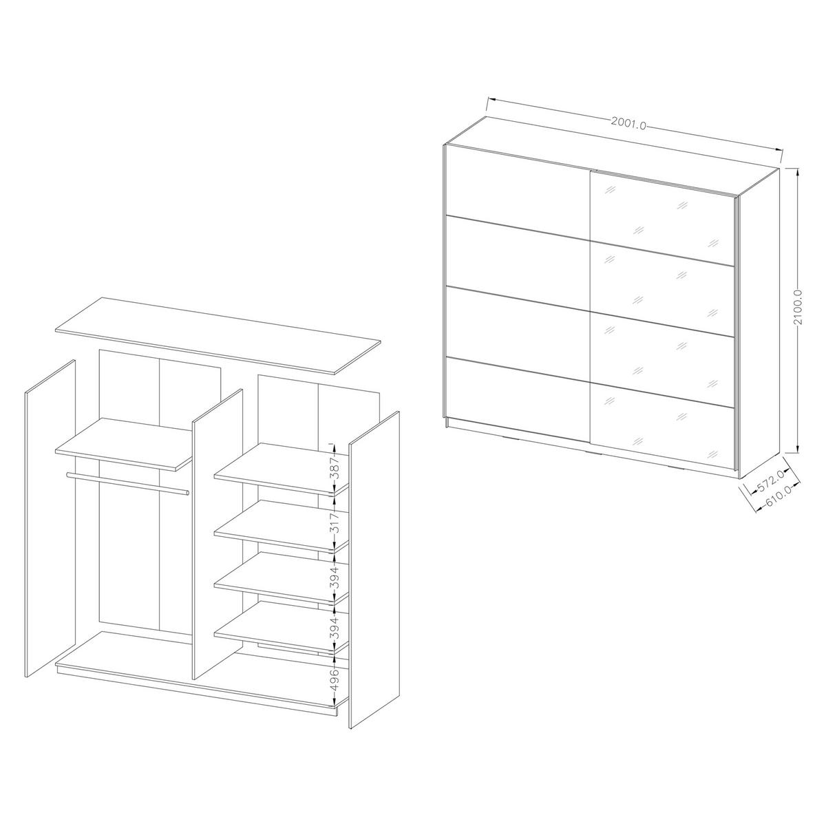 SCHWEBETÜRENSCHRANK BETTINA 200/210/61 cm 2-türig mit Spiegel Schwarz - Schwarz, Holzwerkstoff (200/210/61cm) - MASSENO