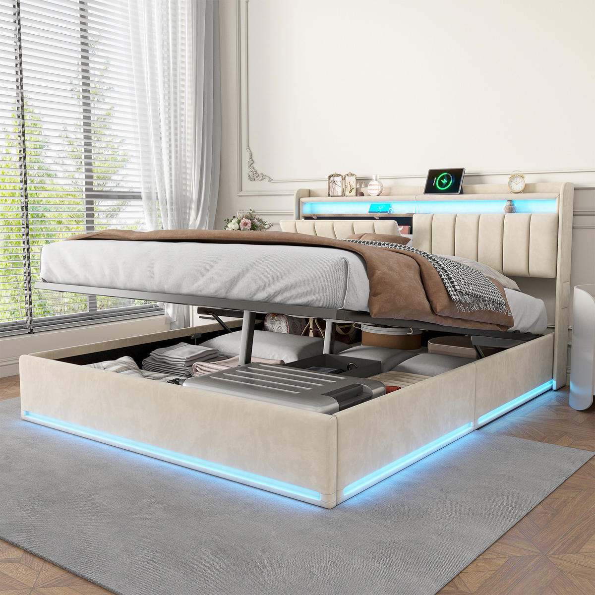 POLSTERBETT 160x200 cm mit LED, USB Und Type-C, Doppelbett mit Bettkasten 160x200, Stauraum, Beige Samt - Beige, Textil/Metall (160/200cm) - GENKI LIVING