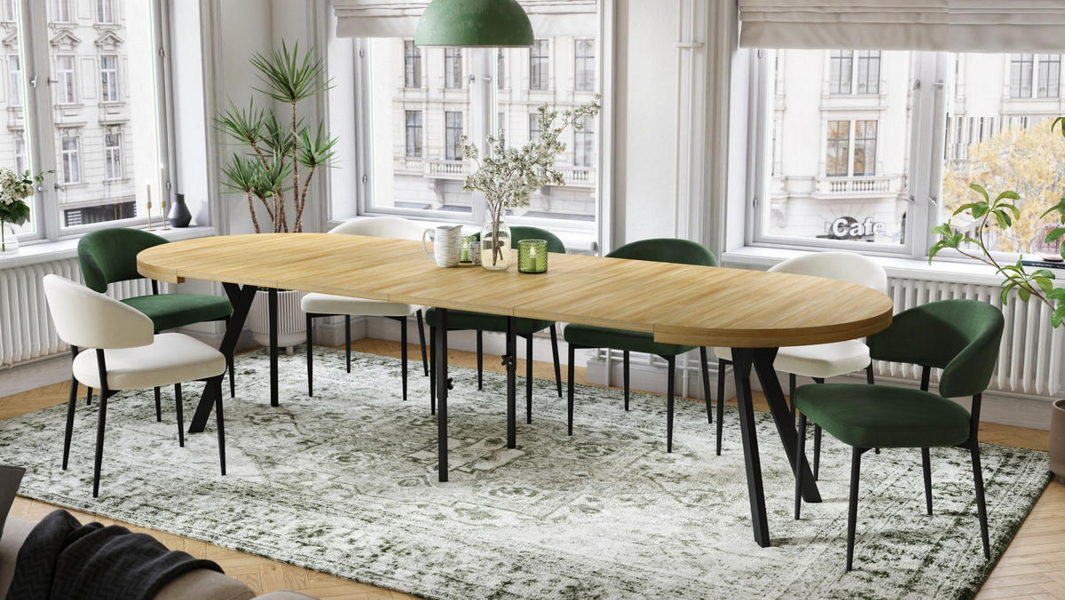 ESSTISCH rund Amerikanische Eiche - Schwarz matt ausziehbar - Ecru/Schwarz, Holzwerkstoff (110/110/77.5cm) - designimpex