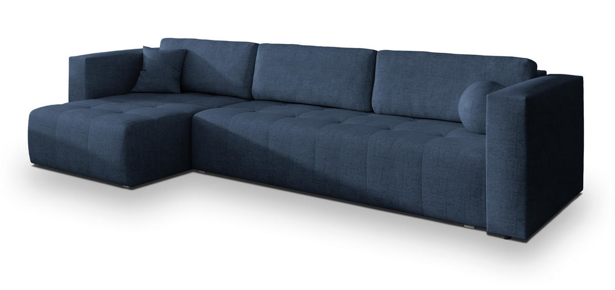 ECKSOFA OLVERA Blau Geflochtener Stoff mit Schlaffunktion - Blau, Holz (347/148cm) - MASSENO