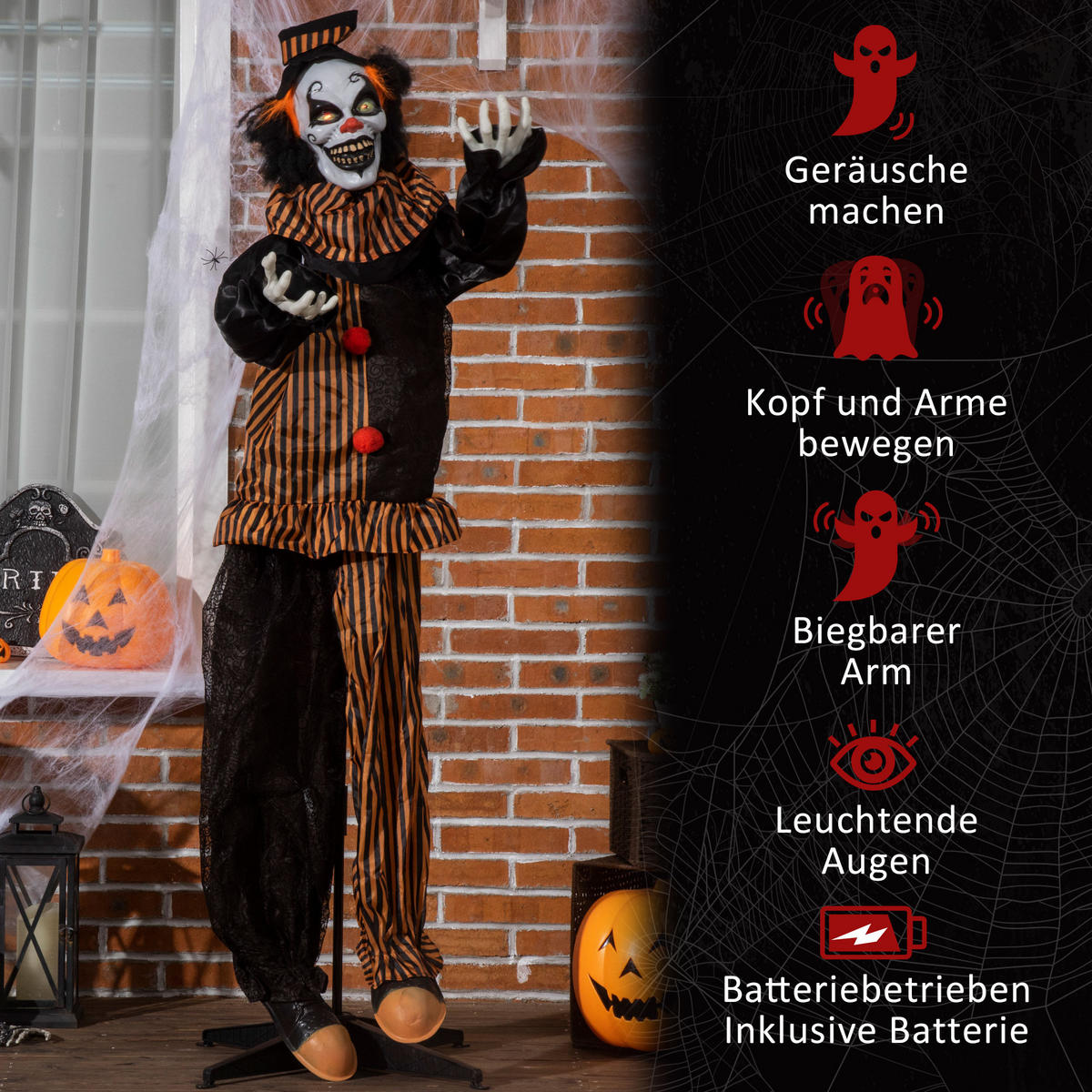 HALLOWEEN HORROR-CLOWN, Mehrfarbig, Polyester, PVC, Kunststoff, PE-Schaumstoff - Multicolor, Kunststoff (20/170/120cm) - Outsunny