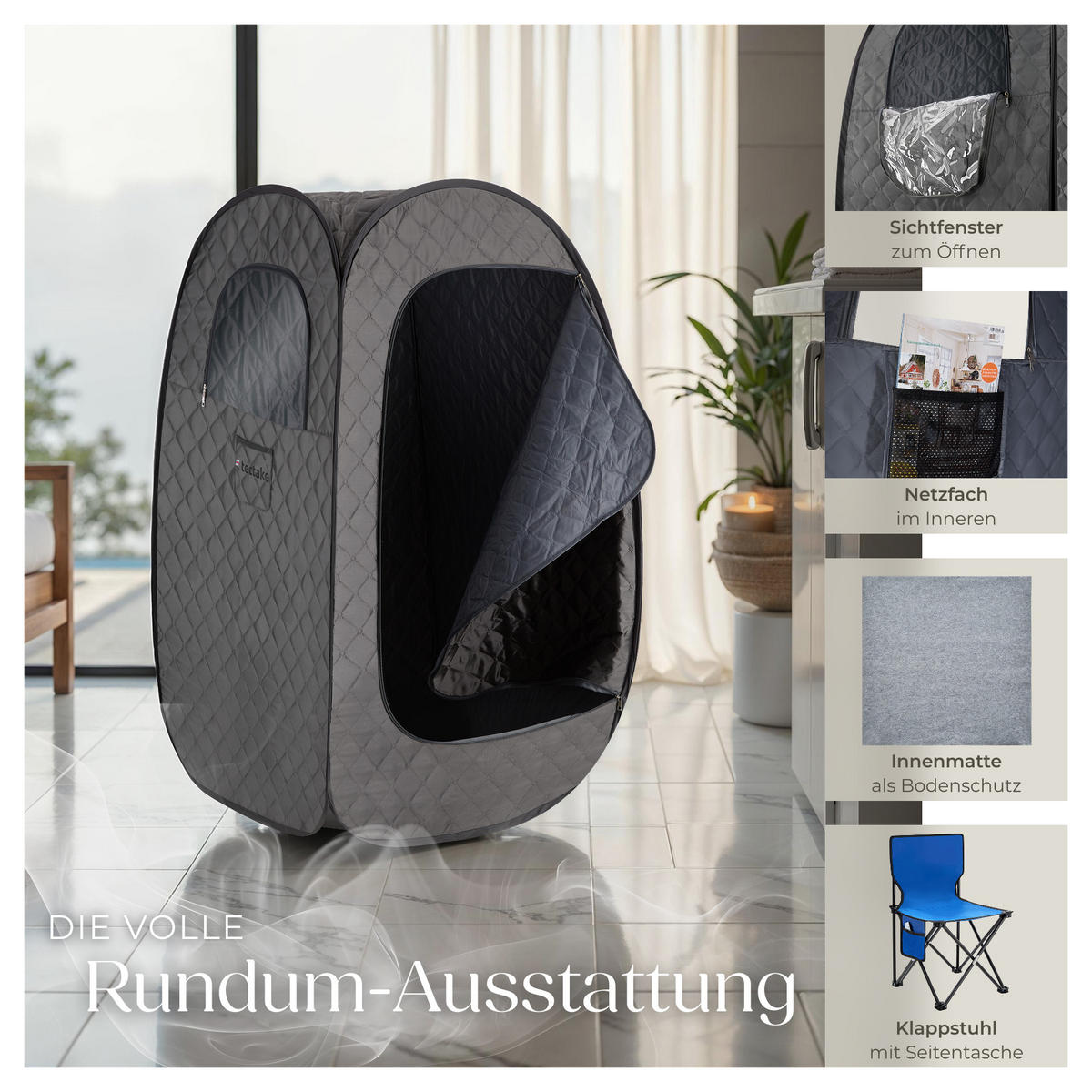 MOBILE DAMPFSAUNA Thermaluxe I,inkl. Fernbedienung, Matte, Klappstuhl und Tragetaschen,dunkelgrau/schwarz - Dunkelgrau/Schwarz, Kunststoff (84/145/84cm) - tectake