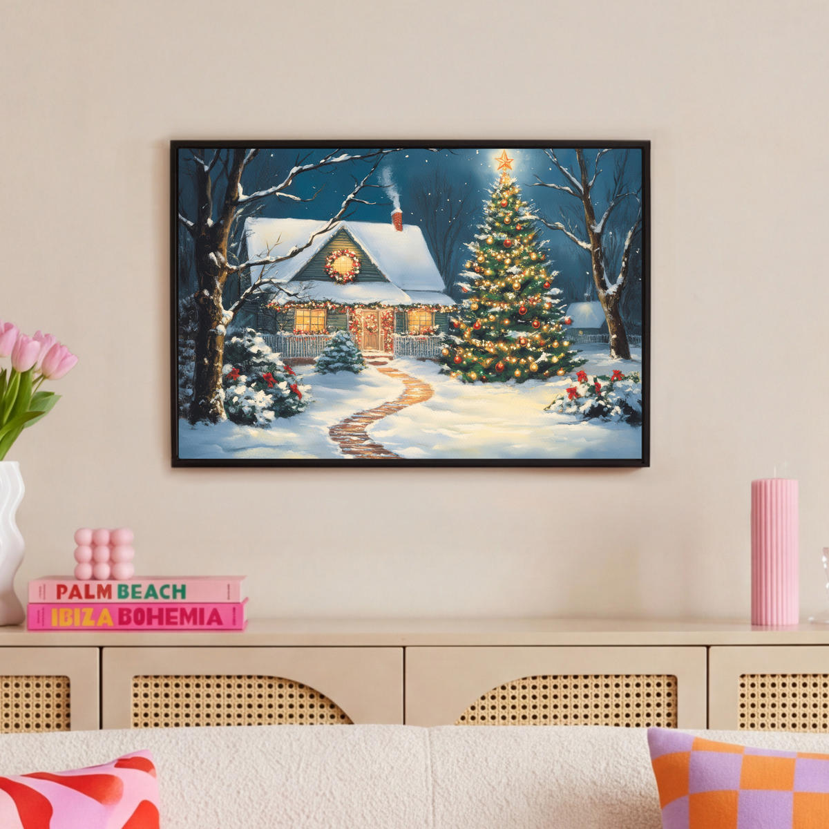 LEINWAND Bilder mit Rahmen - Weihnachten - Weihnachtsbaum - Winter - Zuhause - Schnee - 60x40 - Smaragdgrün, Textil (60/40cm) - MuchoWow