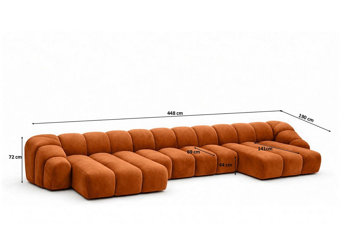 ECKSOFA Modulare U-Form, Veloursstoff Bluvel, Zimtfarbe, CROISSANT U XL - Orange, Holz (448/72/190cm) - Kaiser Möbel