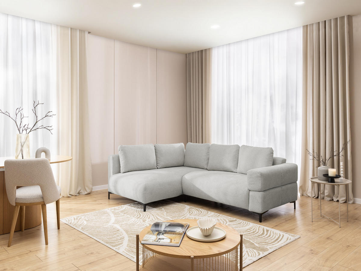 ECKSOFA Cardea in Bubble-Optik aus weichem Hellgrau Strukturstoff mit hohem Sitzkomfort - Ottomane links - Hellgrau/Schwarz, Holz/Textil (170/230cm) - S-Style Möbel