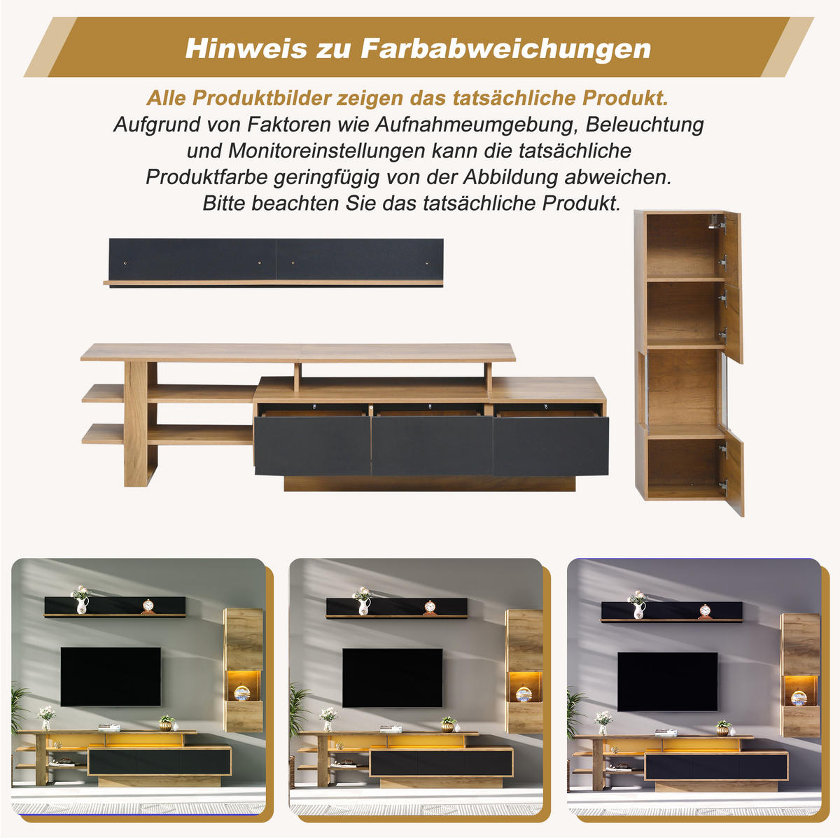TV-ELEMENT 180/40/45 cm Natur + Schwarz mit LED Beleuchtung und 3 Schublade (3 Stück) - Schwarz, Holz (180/45/40cm) - Oxeza