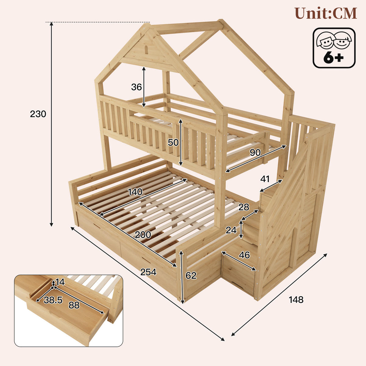 ETAGENBETT 90/140/200 cm mit Treppe und Schubladen, DE-41559, in Eichefarben - Eichefarben, Holzwerkstoff (140/200cm) - ComfortXL