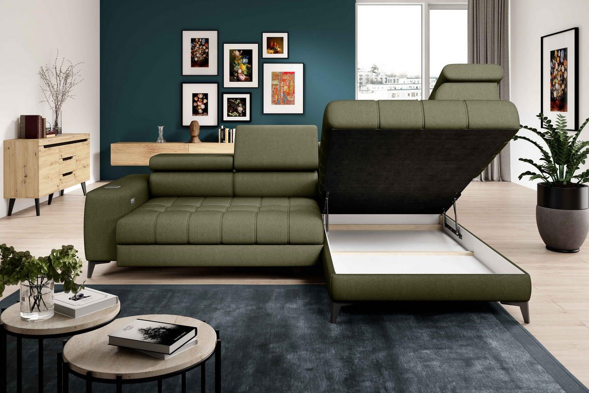 ECKSOFA BAGGIO Letto Stoff, Schlaffunktion, Bettkasten, Sitztiefe, Kopfstützen 280x196cm – Rechts – Hellgrün - Hellgrün, Holz/Textil (280/196cm) - DomoHome