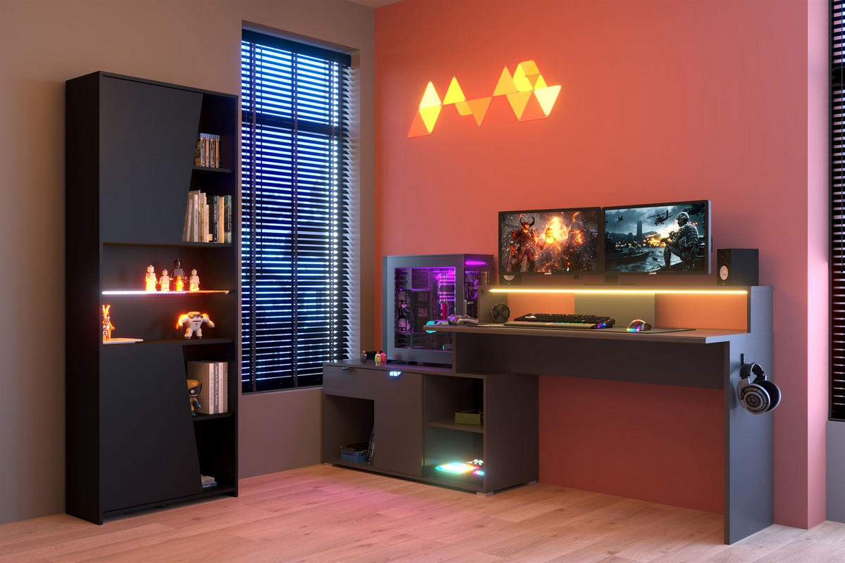 GAMING Schreibtisch Parisot Work 2-tlg. Holznachbildung Grau/Schwarz - Schwarz/Grau, Kunststoff (200/100/95cm) - 58aufmkessel