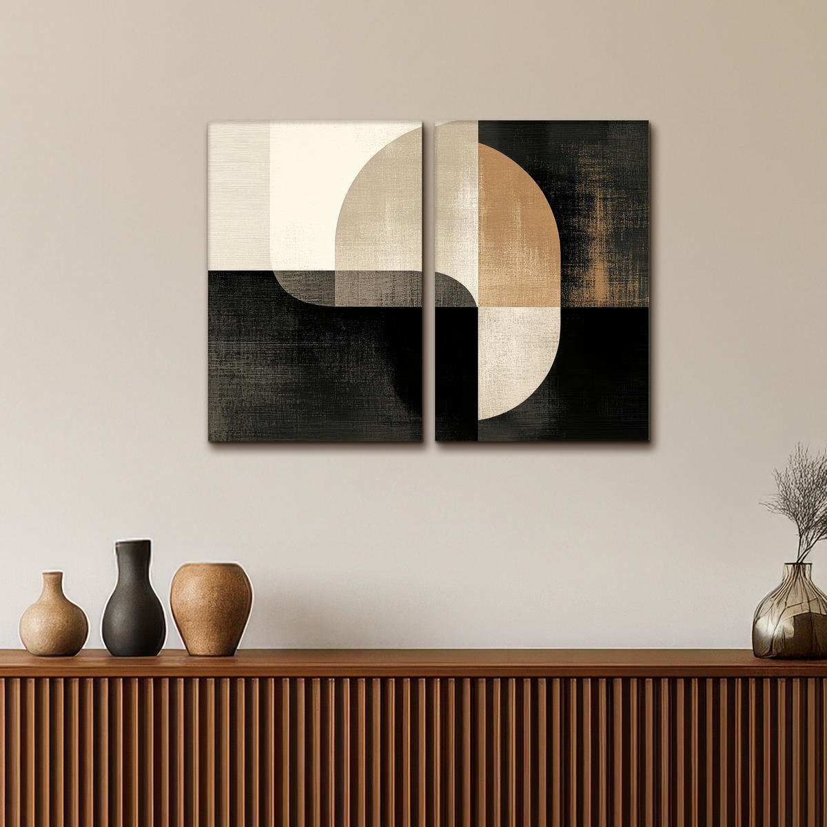 LEINWANDBILD 2er Set Formen - Abstrakt - Gold 80x60 cm - Schwarz, Textil (80/60cm) - MuchoWow