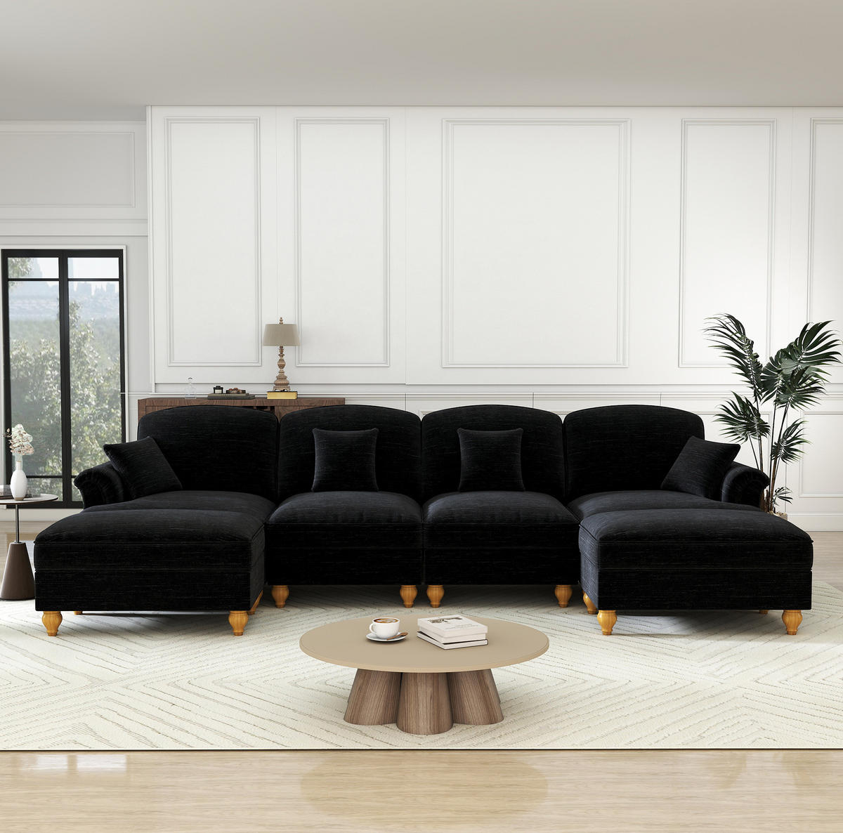 ECKSOFA 350/140/93 cm schwarz aus Chenille mit abnehmbarem Volant und beweglichem Hocker - Schwarz, Textil (140/350cm) - OKWISH