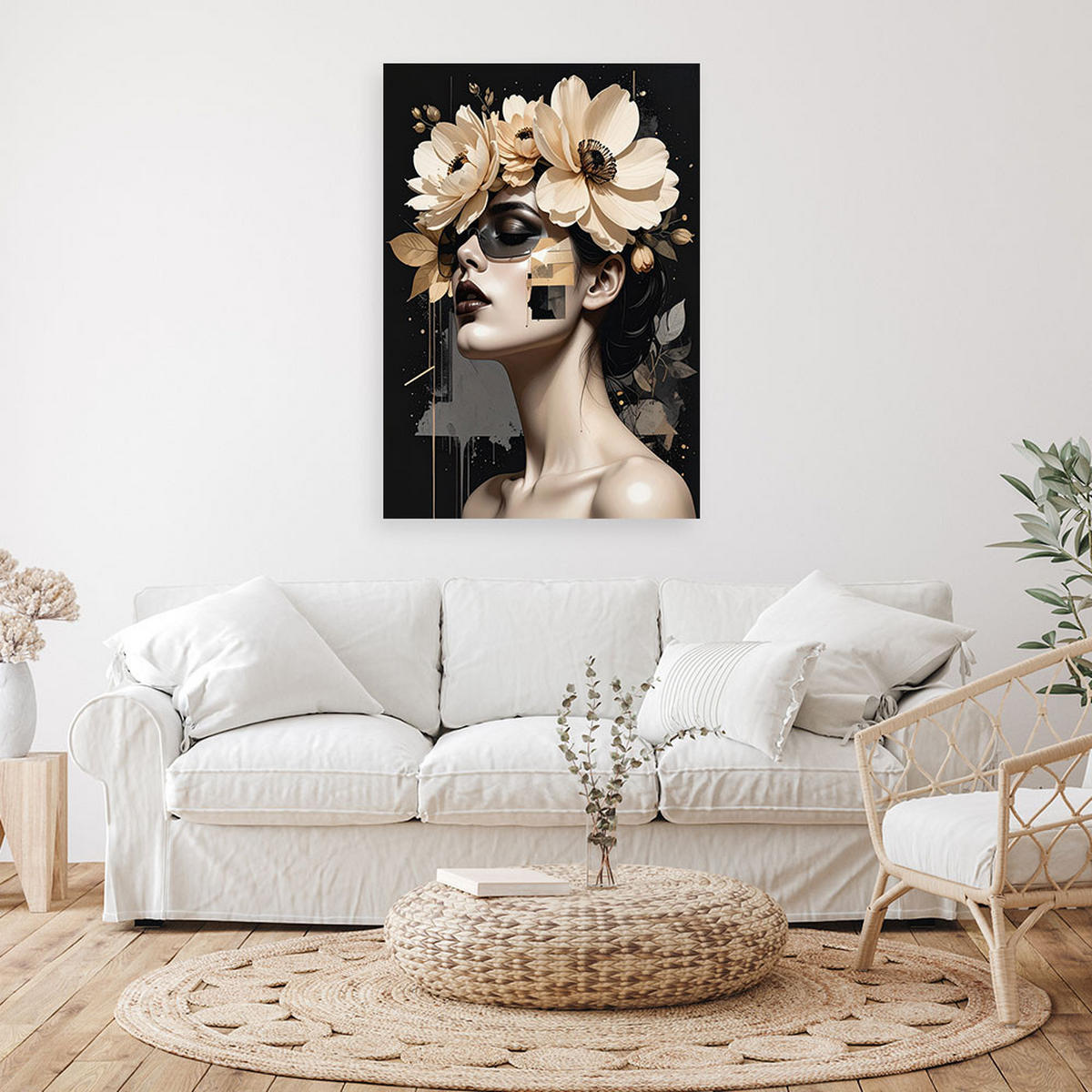 BILD auf Leinwand, Weibliches Porträt mit Blumenkrone im Glamour-Stil - Schwarz, Textil (70/100cm) - Feeby