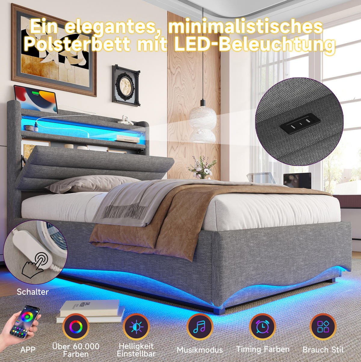 POLSTERBETT 90/200 cm Grau aus Leinen mit LED-Beleuchtung und Stauraum - Grau, Textil (90/200cm) - OKMYHOME