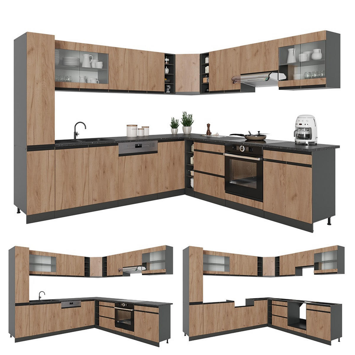 HÖRNKÖK R-Line, Goldkraft ek/antracit, 277 x 257 cm J-form, utan bänkskiva - Honungsek/Antracit, Träbaserade material (277/81.6/46cm) - Vicco
