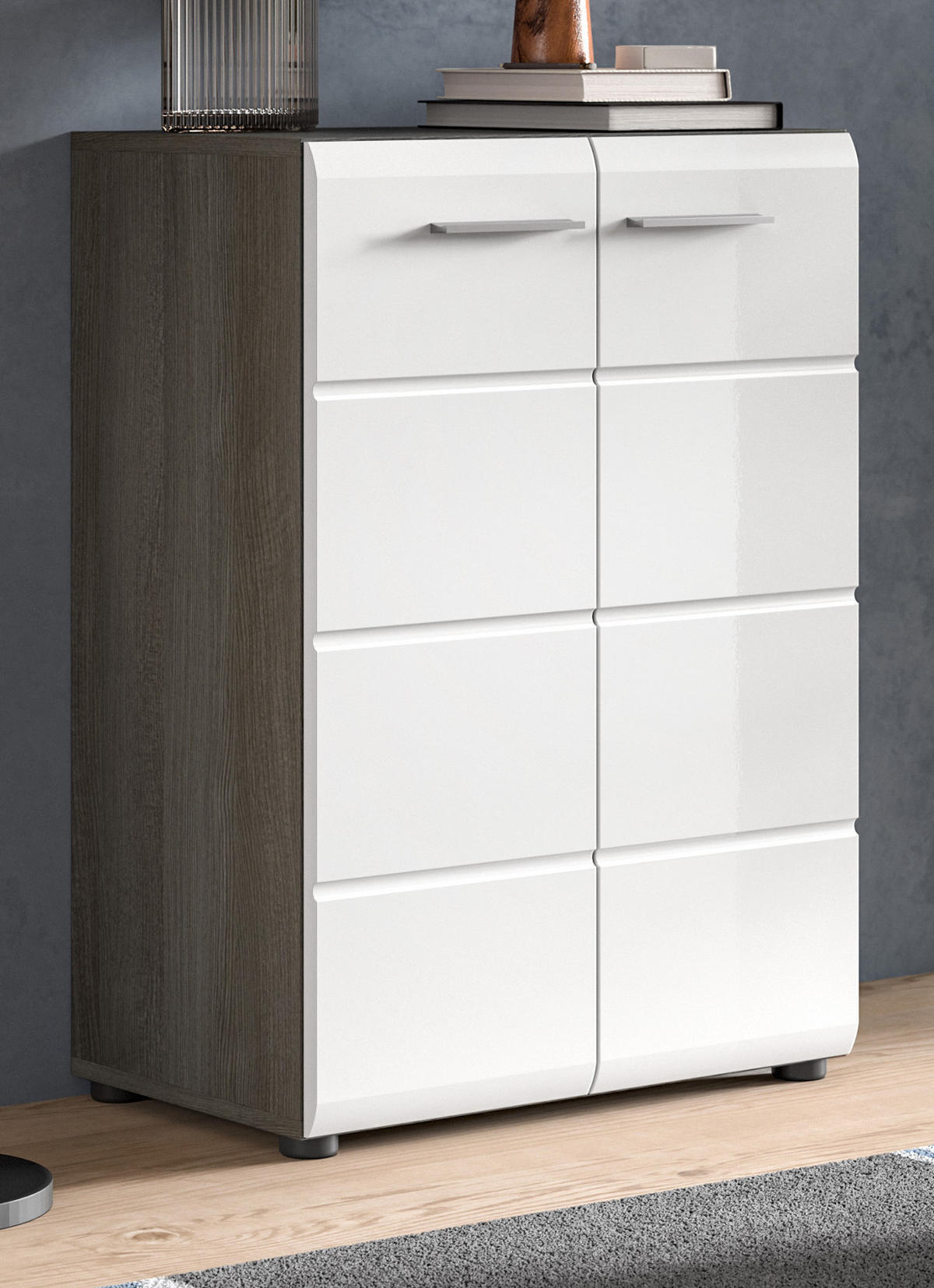 KOMMODE weiß Hochglanz, grau 60 cm, Sideboard mit Rillenoptik - Weiß Hochglanz/Silberfarben, Holzwerkstoff/Kunststoff (60/85/37cm) - Inn.Furn