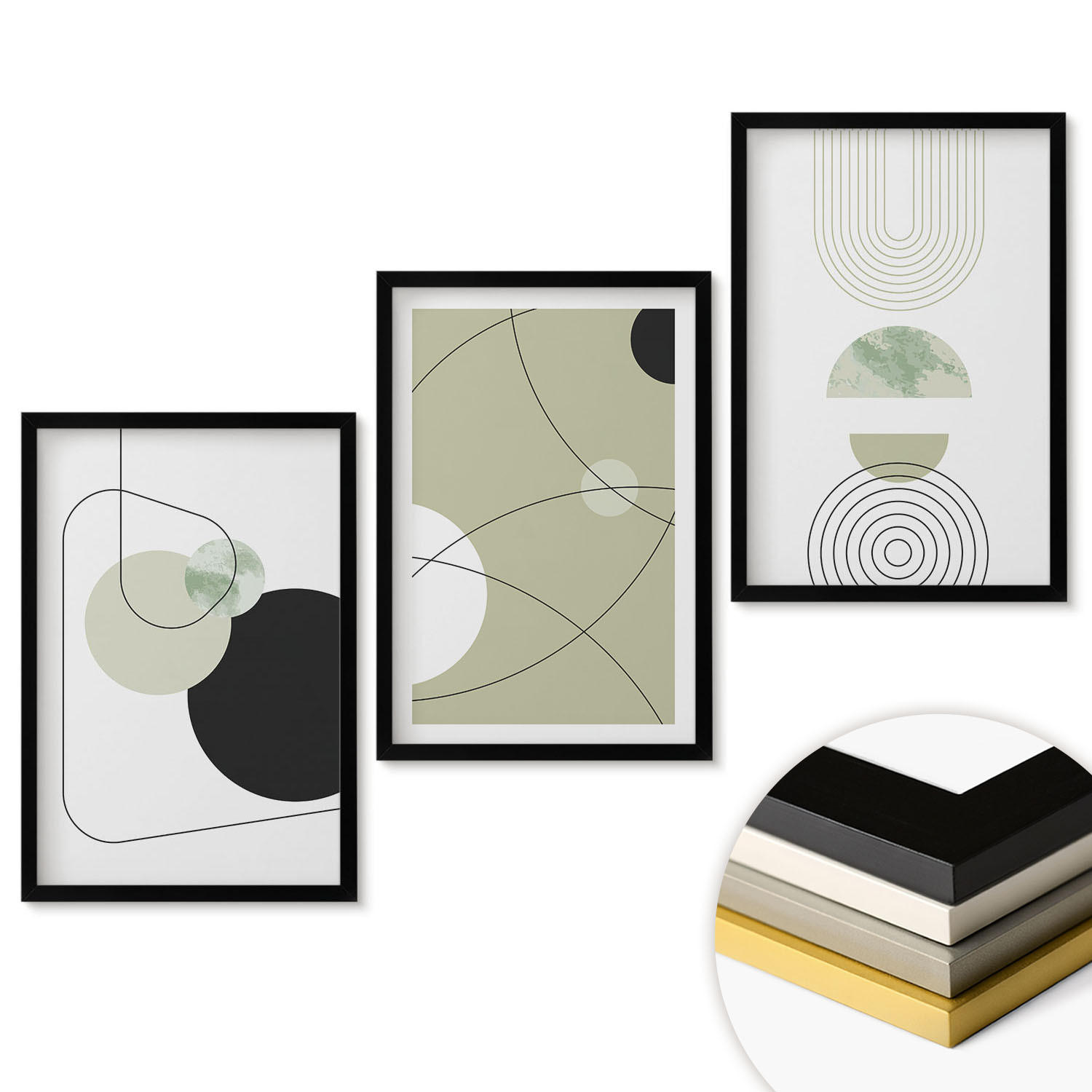 WANDBILDER 3er-Set - 40x60 cm Schwarzer Rahmen - Abstrakte Formen und Farben - Schwarz, Kunststoff (40/60cm) - ArtPrintCave