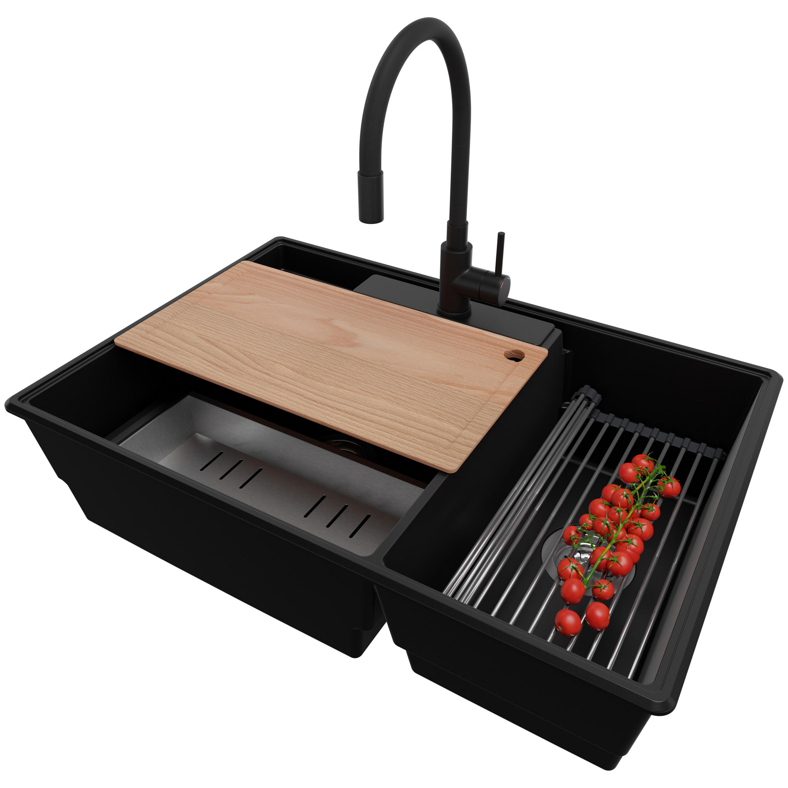 GRANITSPÜLE Paris, 2-er set Schwarz 78/53 cm 2 Becken + Küchenarmatur 40/38 cm + Ablauf-Set + Küchenzubehörset ab 80er Unterschrank - Chromfarben/Edelstahlfarben, Kunststoff (78/20/53cm) - Primagran