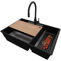 GRANITSPÜLE Paris, 2-er set Schwarz 78/53 cm 2 Becken + Küchenarmatur 40/38 cm + Ablauf-Set + Küchenzubehörset ab 80er Unterschrank - Chromfarben/Edelstahlfarben, Kunststoff (78/20/53cm) - Primagran