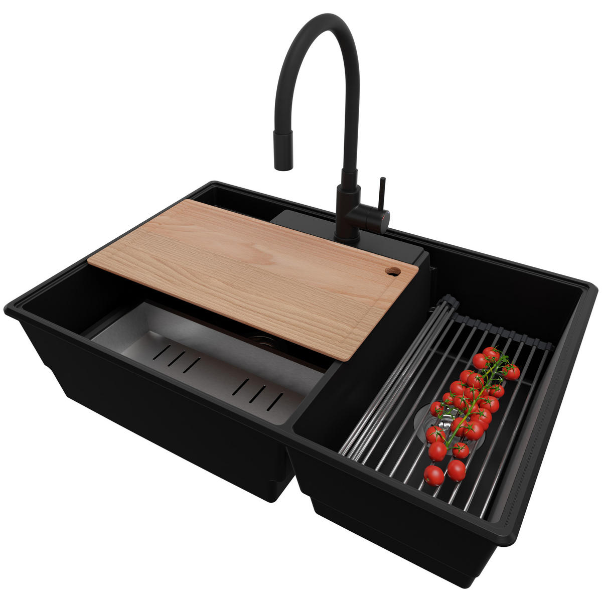 GRANITSPÜLE Paris, 2-er set Schwarz 78/53 cm 2 Becken + Küchenarmatur 40/38 cm + Ablauf-Set + Küchenzubehörset ab 80er Unterschrank - Chromfarben/Edelstahlfarben, Kunststoff (78/20/53cm) - Primagran