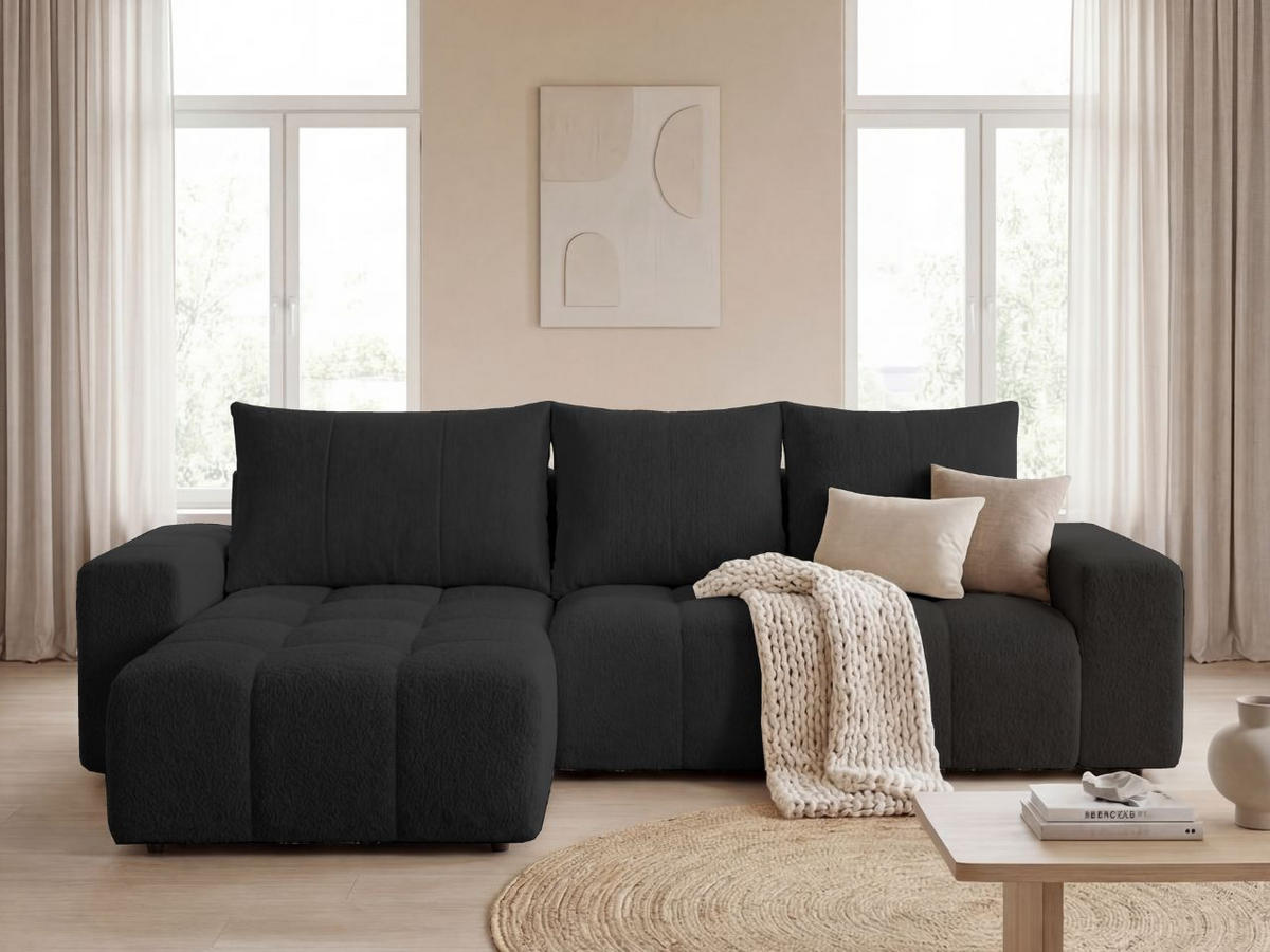 ECKSOFA Bresso Bouclé-Stoff Schwarz - Schwarz, Holz/Textil (255/168cm) - Graingold