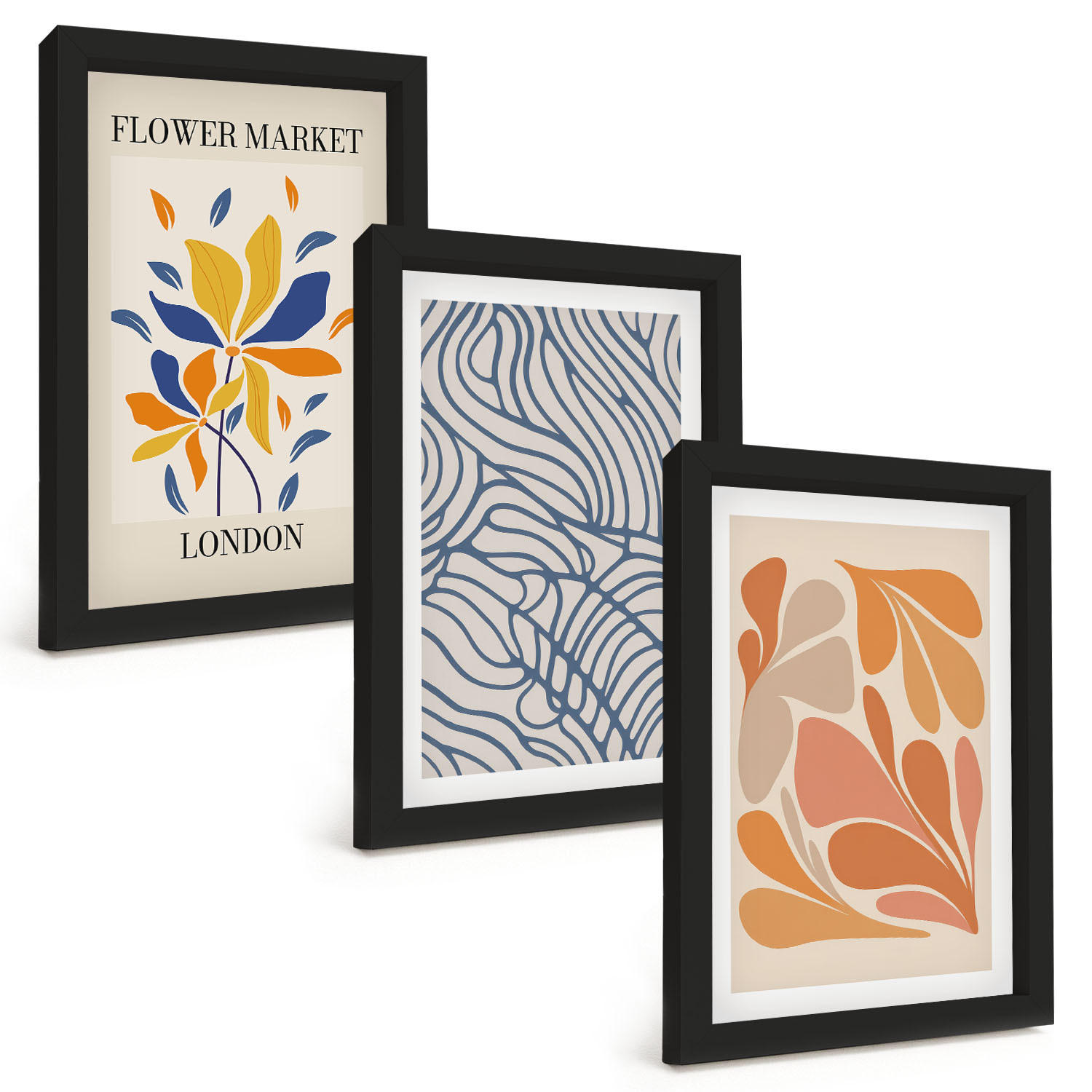 BILDER SET 3er Set - 20x30 cm Schwarzer Rahmen - Moderne abstrakte Blumen - Schwarz, Kunststoff (20/30cm) - TULUP