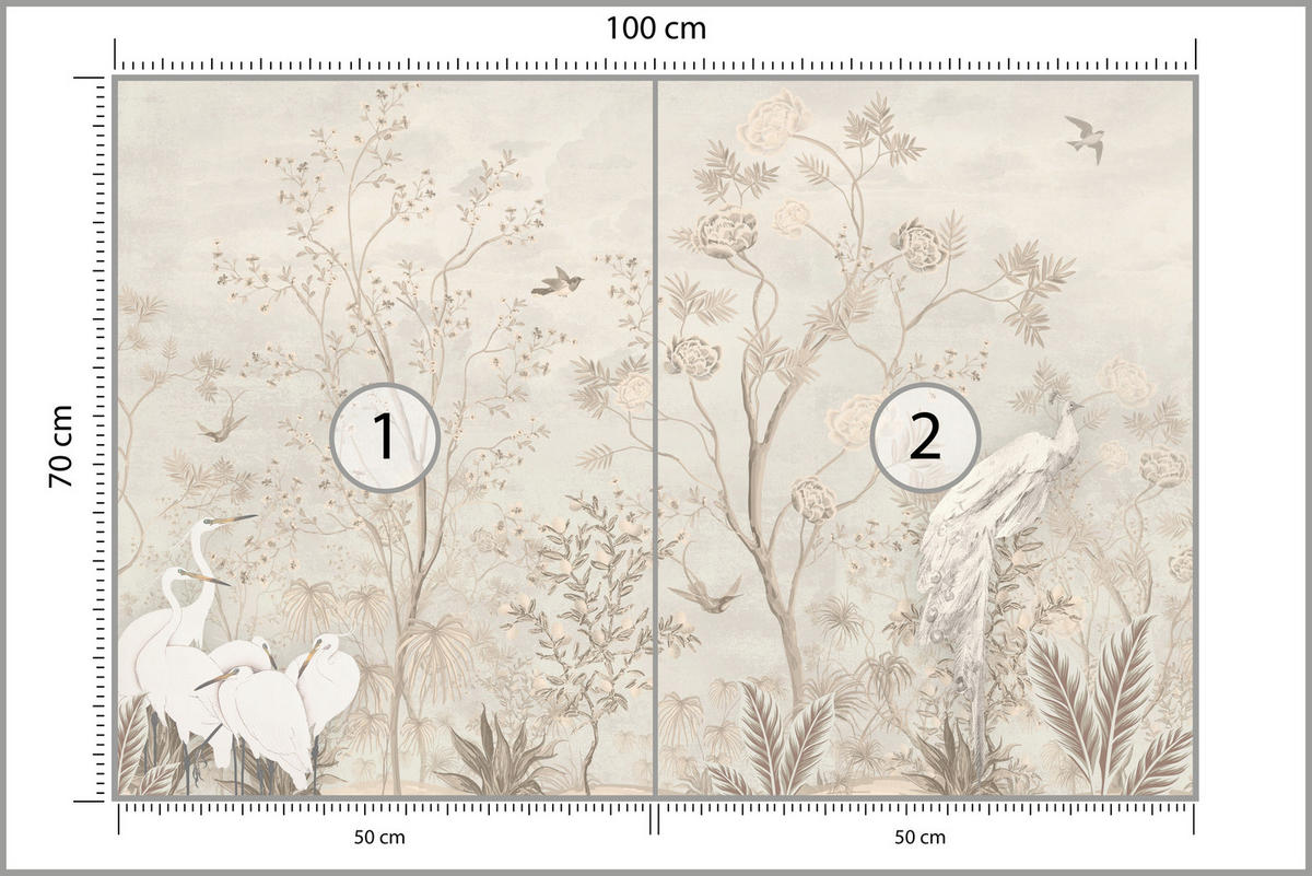 FOTOTAPETE für Esszimmer Weiße Vögel Bäumen Natur Kräne Blumen 100x70 - Beige, Papier (100/70cm) - Muralo