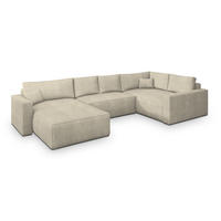 WOHNLANDSCHAFT VELAMI R-S Creme Kordstoff mit Schlaffunktion - Creme, Holz (365/83/194cm) - MASSENO