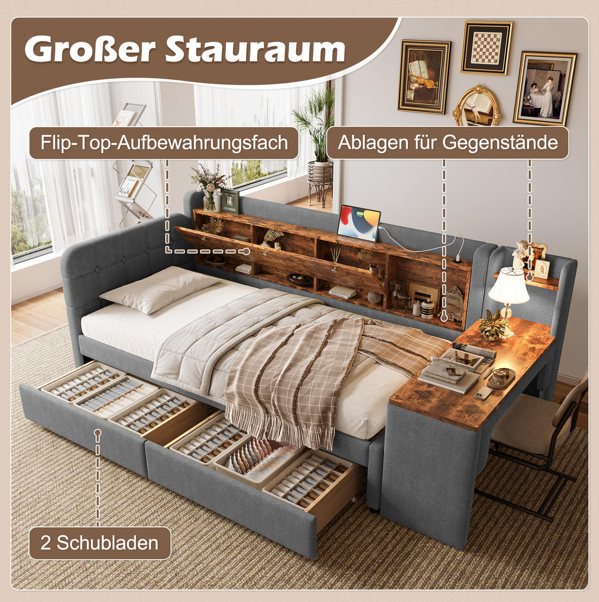 POLSTERBETT 90/200 cm mit 2 Schubladen, Schreibtisch und USB/Type-C - Grau, Textil (90/200cm) - BEAOK