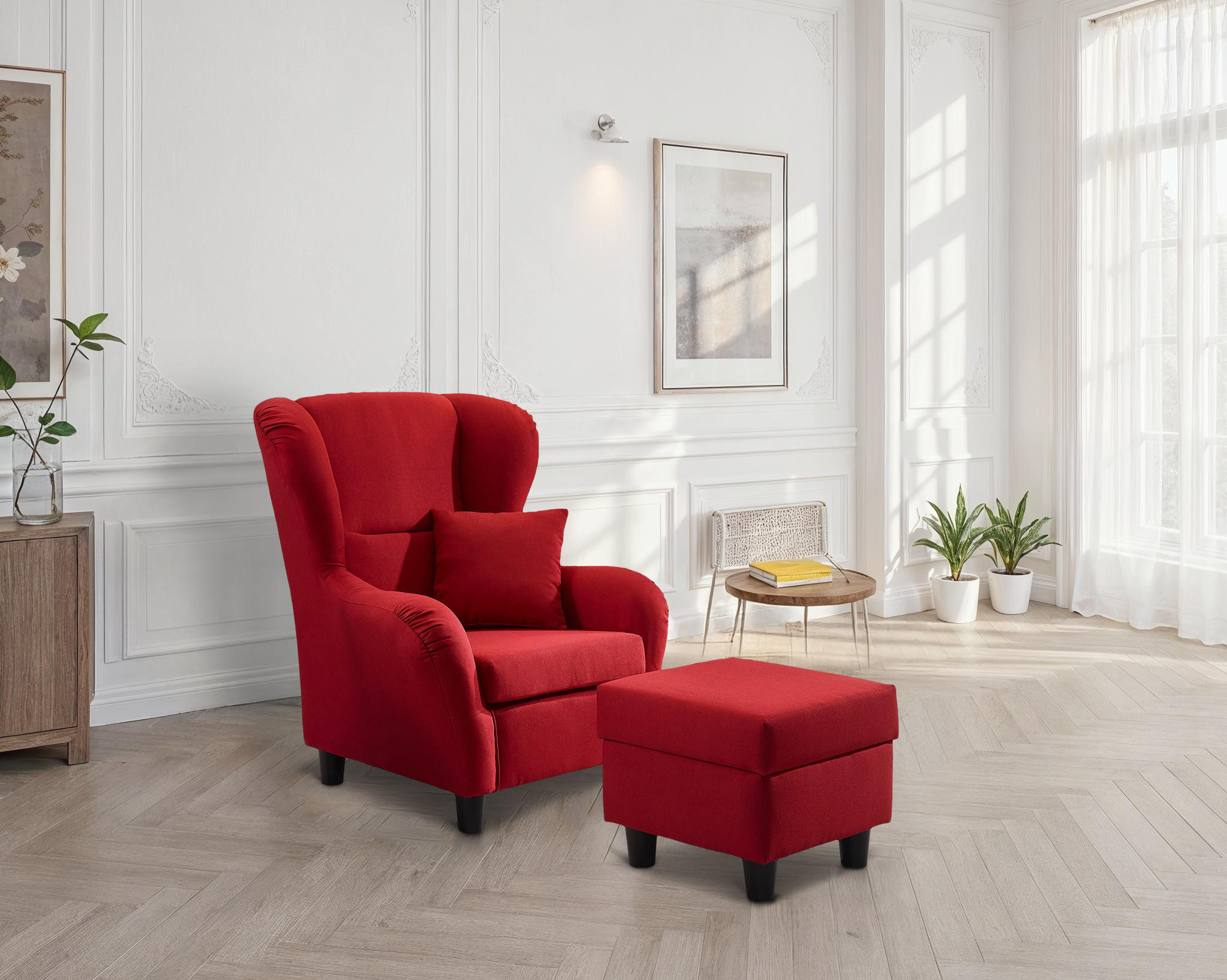 OHRENSESSEL mit HOCKER, hoher Sitzkomfort durch Wellenunterfederung B90/H98/T76 cm, Strukturstoff Rot / 18002 - Rot/Schwarz, Holz/Textil (90/98/76cm) - luma-home