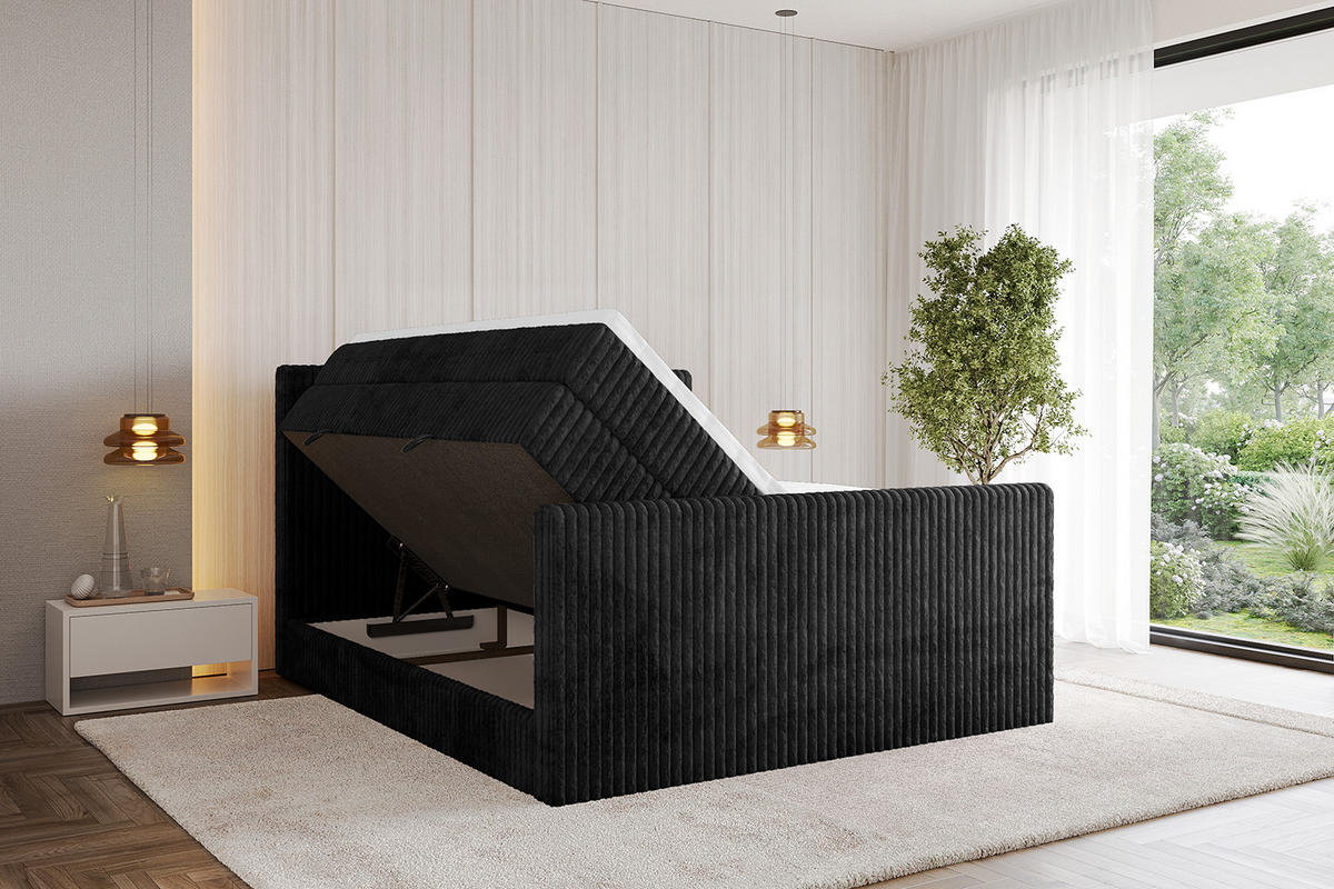 BOXSPRINGBETT mit Matratze H3|H4 und Lattenrost - TOLO-Z KING 200x200 Cord - Schwarz - Schwarz, Holzwerkstoff (200/200cm) - ALTDECOR